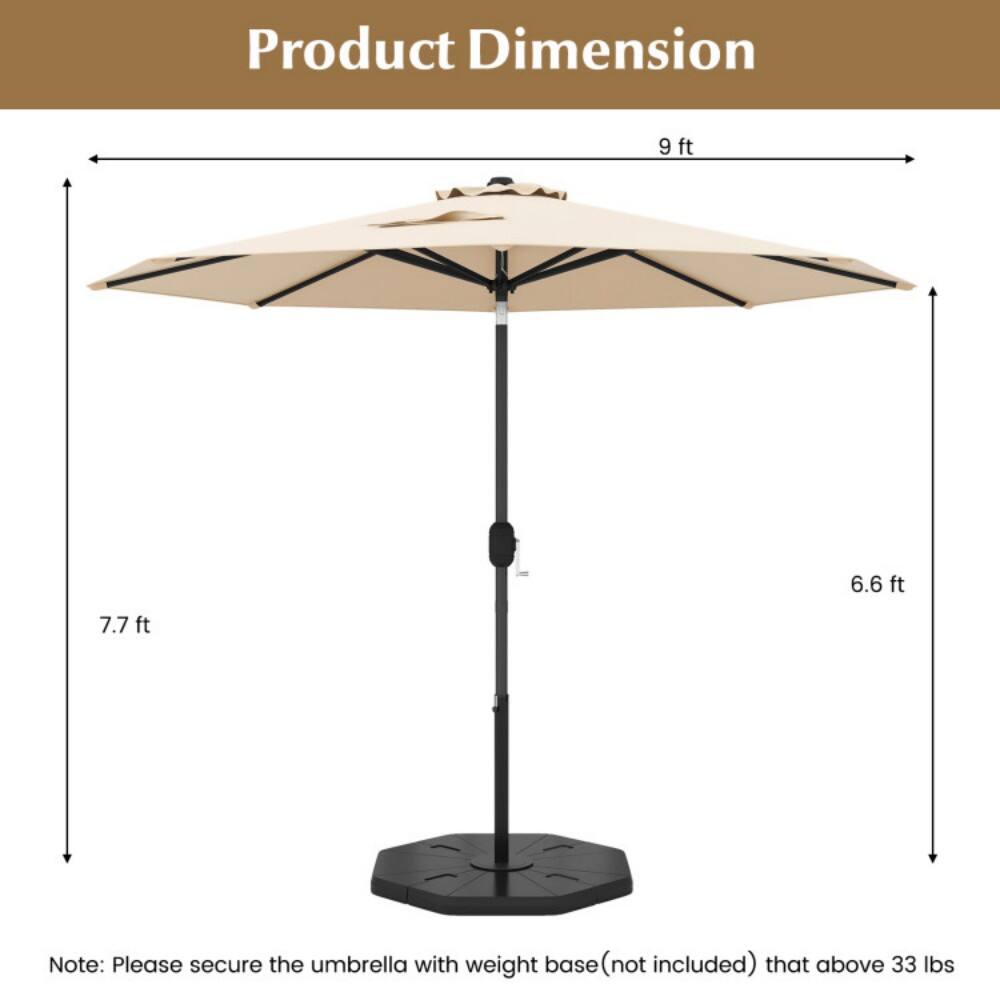 Product Dimension

9 ft  
6.6 ft  
7.7 ft  

Note: Please secure the umbrella with weight base (not included) that above 33 lbs