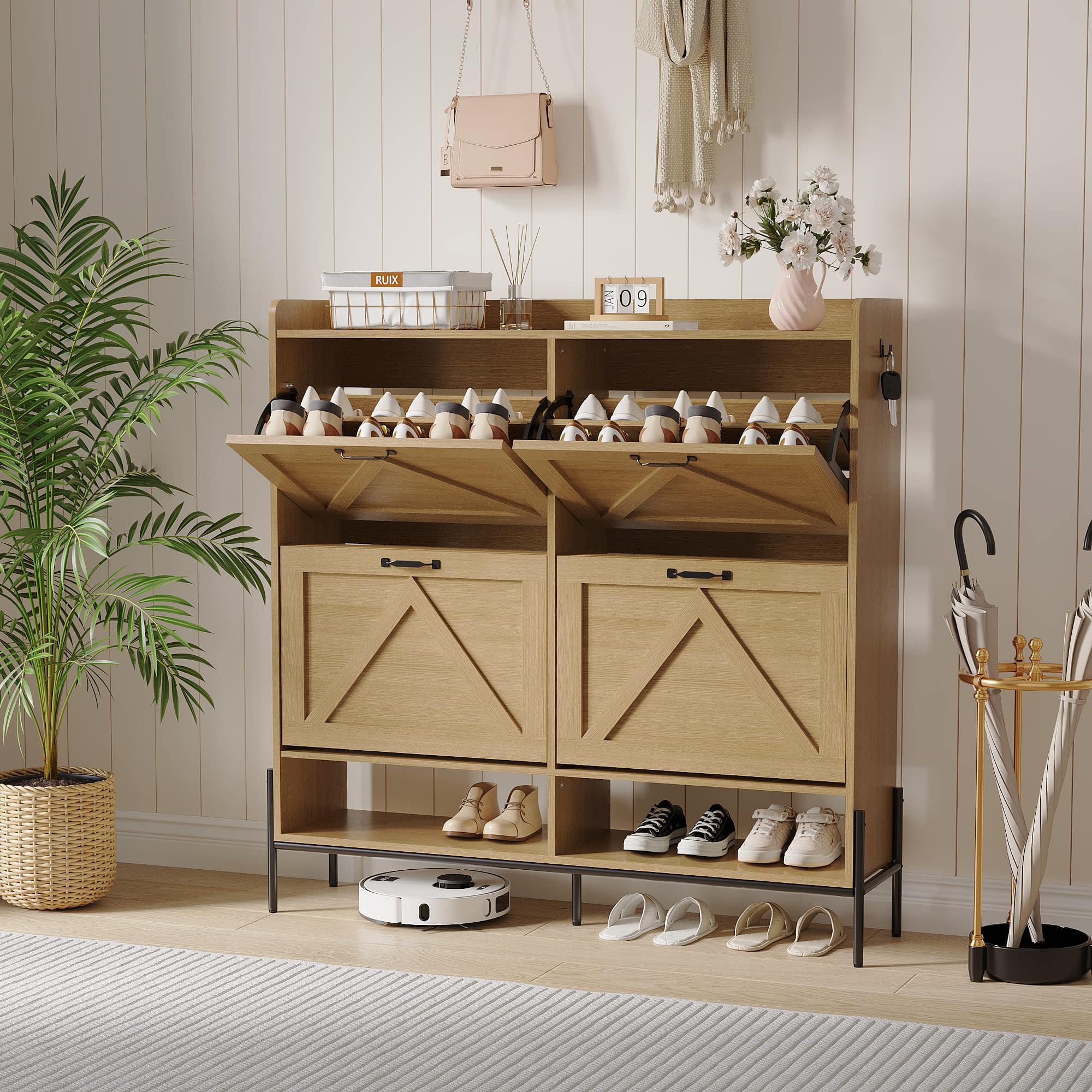 Acekool - Shoe Cabinet with 4 Flip-Up Drawers Hidden Shoe Storage Cabinet with Storage for Entryway Bedroom Shoe Organizer Cabinet - Brown