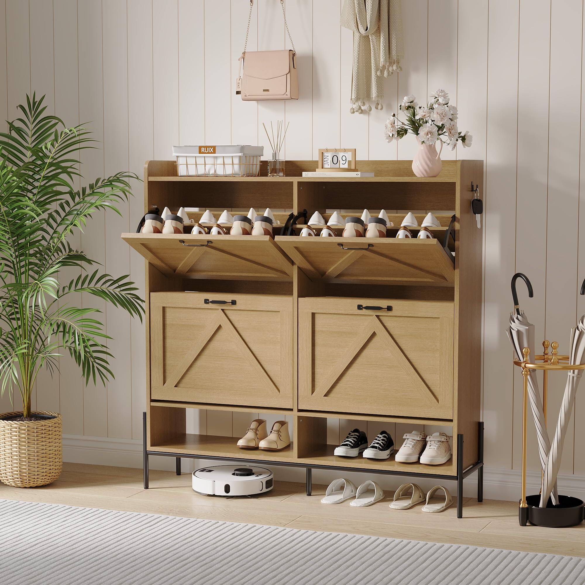 Jojoka - Shoe Cabinet with 4 Flip-Up Drawers Hidden Shoe Storage Cabinet with Open Storage for Entryway Shoe Organizer Cabinet - Brown