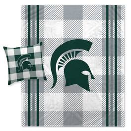 Pegasus - Michigan State Spartans Gray Plaid Stripes Blanket and Pillow Combo Set - Multicolor
