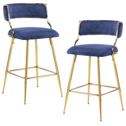Front. SlickBlue - 2-Piece Modern Bar Stool Set with Soft Corduroy Seat and Gold Metal Legs - Blue.