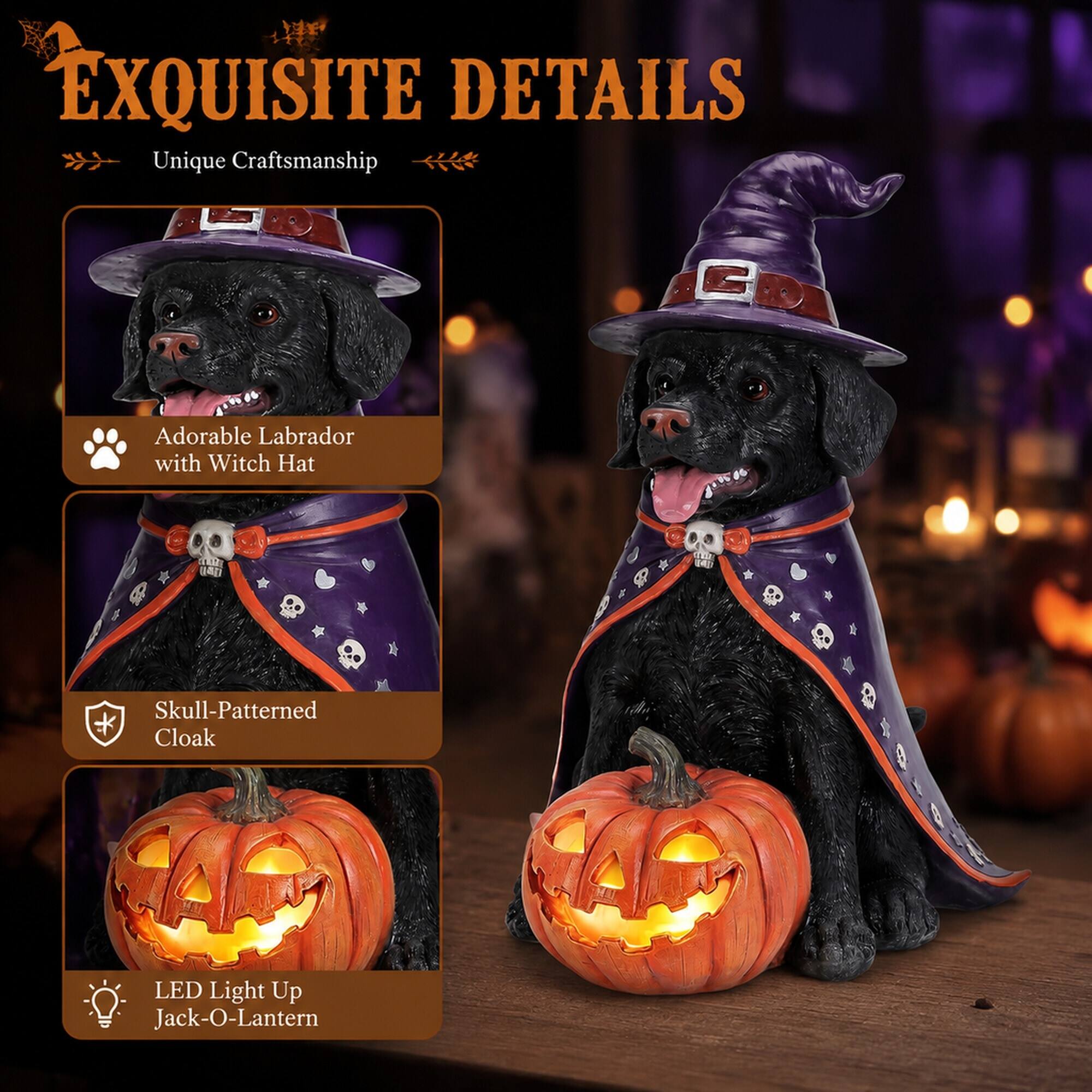 EXQUISITE DETAILS  
Unique Craftsmanship  

Adorable Labrador with Witch Hat  

Skull-Patterned Cloak  

LED Light Up Jack-O-Lantern