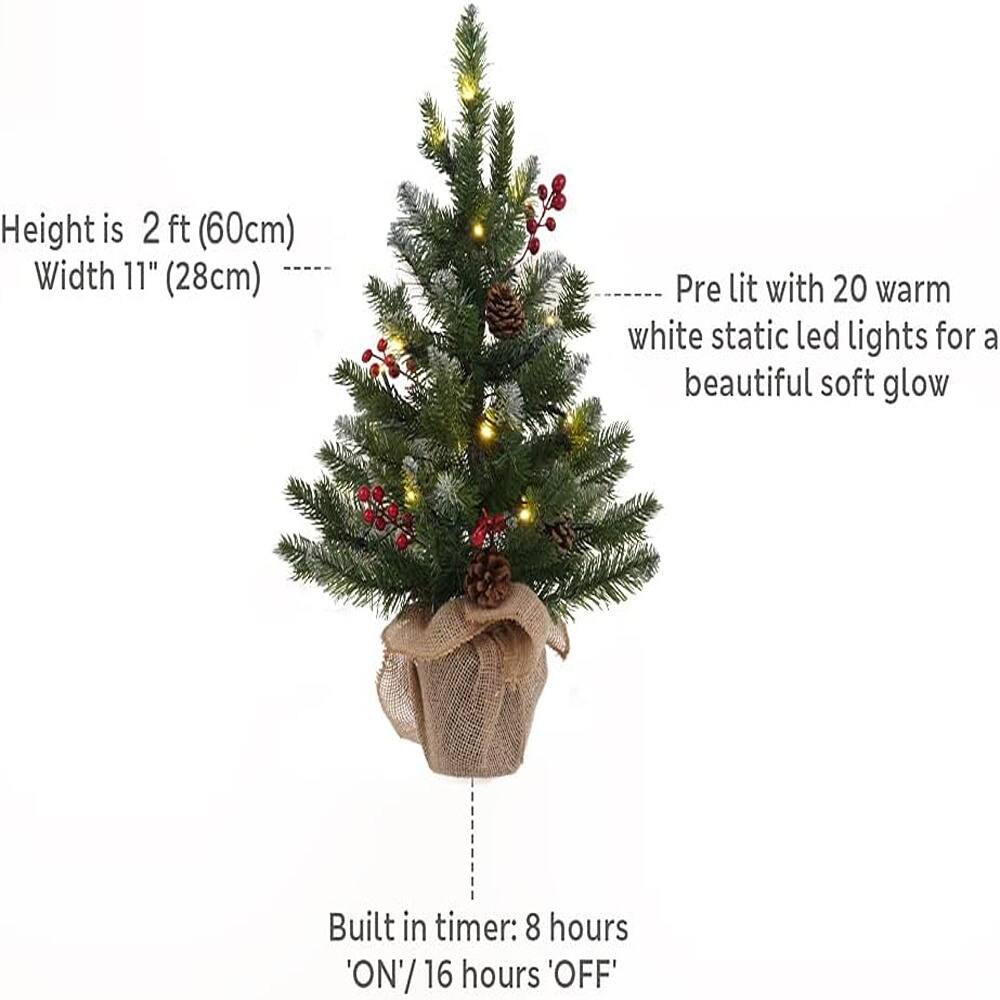 Height is 2 ft (60cm)  
Width 11" (28cm)  

Pre lit with 20 warm white static LED lights for a beautiful soft glow  

Built in timer: 8 hours 'ON' / 16 hours 'OFF'