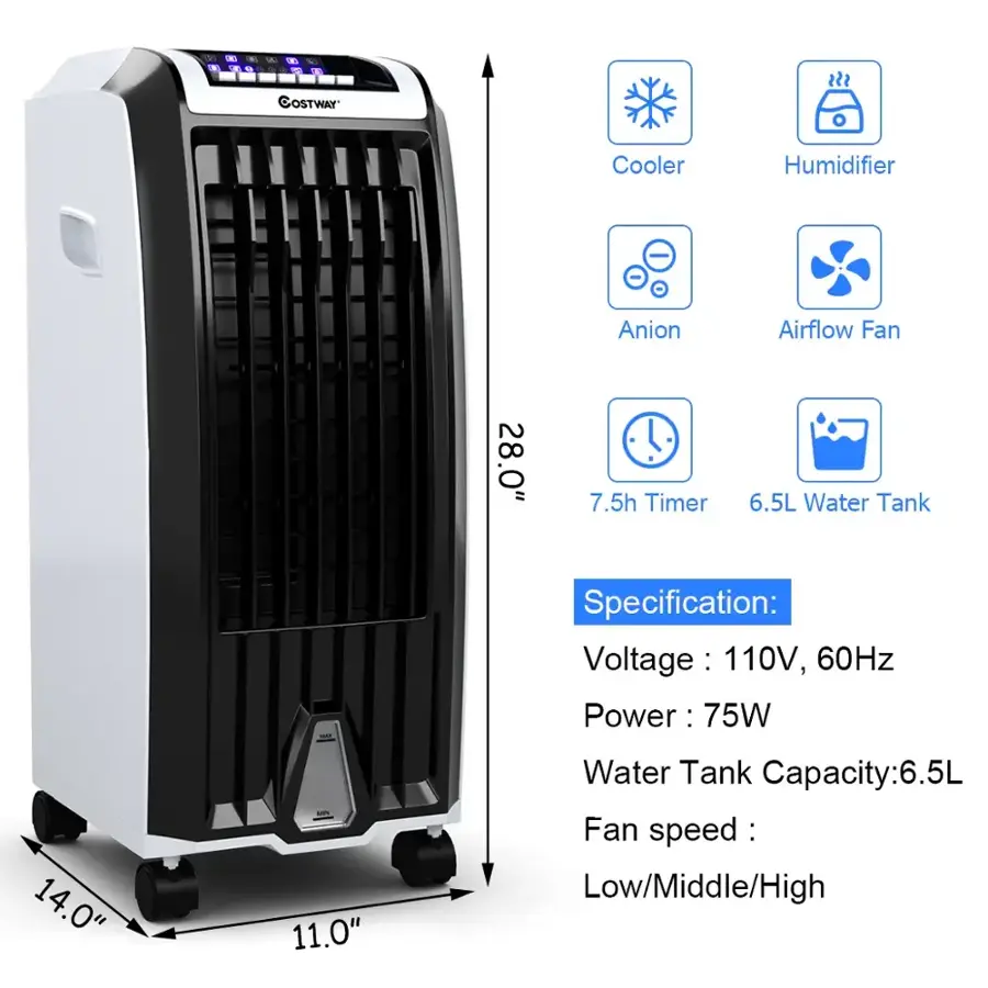 The image features a white and black portable air conditioner with a water tank. The air conditioner has a 28.0" size and a 7.5h timer. The specifications of the air conditioner include a voltage of 110V, 60Hz, a power of 75W, and a fan speed of low, middle, and high. The water tank capacity is 6.5L.