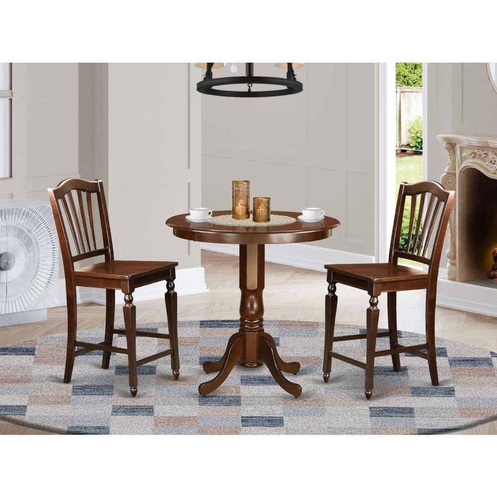 Back. East West Furniture - 3 PC counter height set-pub Table and 2 counter height Dining chair - Mahogany.