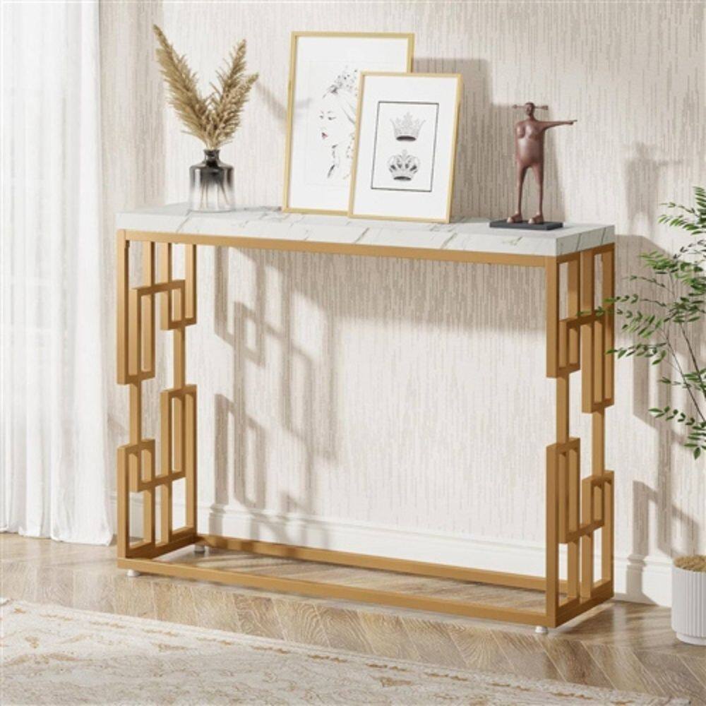 Left. Hivvago - 42-inch Modern Console Sofa Table with White Faux Marble Top and Gold Frame - White, Gold.