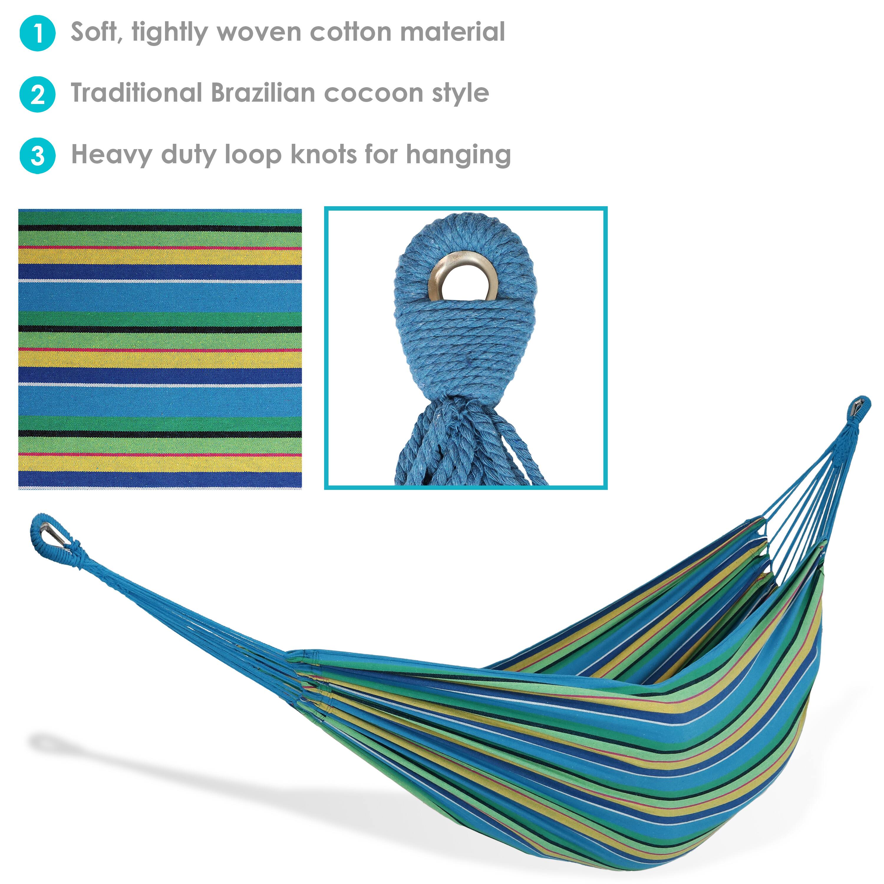 1. Soft, tightly woven cotton material  
2. Traditional Brazilian cocoon style  
3. Heavy duty loop knots for hanging
