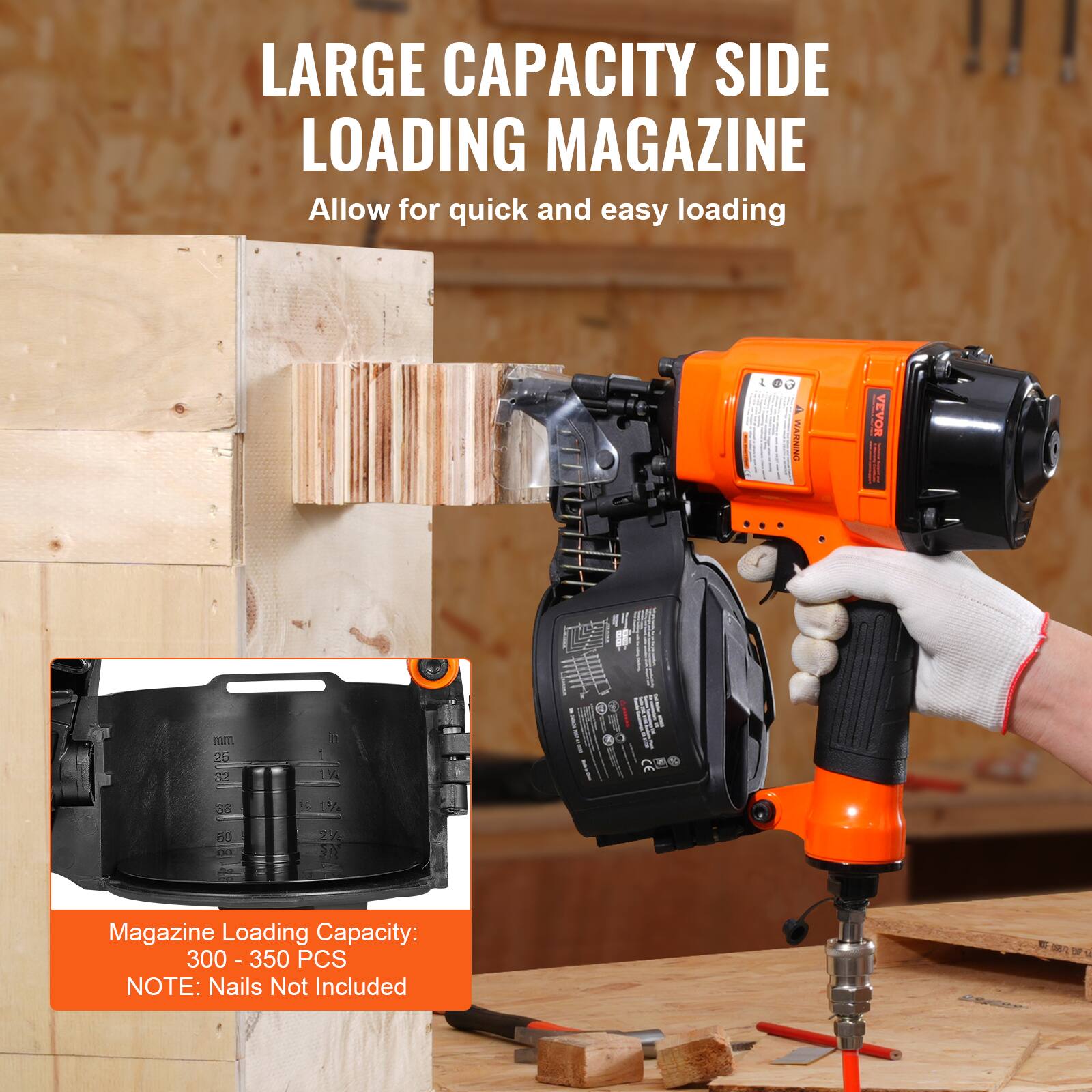 LARGE CAPACITY SIDE LOADING MAGAZINE  
Allow for quick and easy loading  

Magazine Loading Capacity: 300 - 350 PCS  
NOTE: Nails Not Included