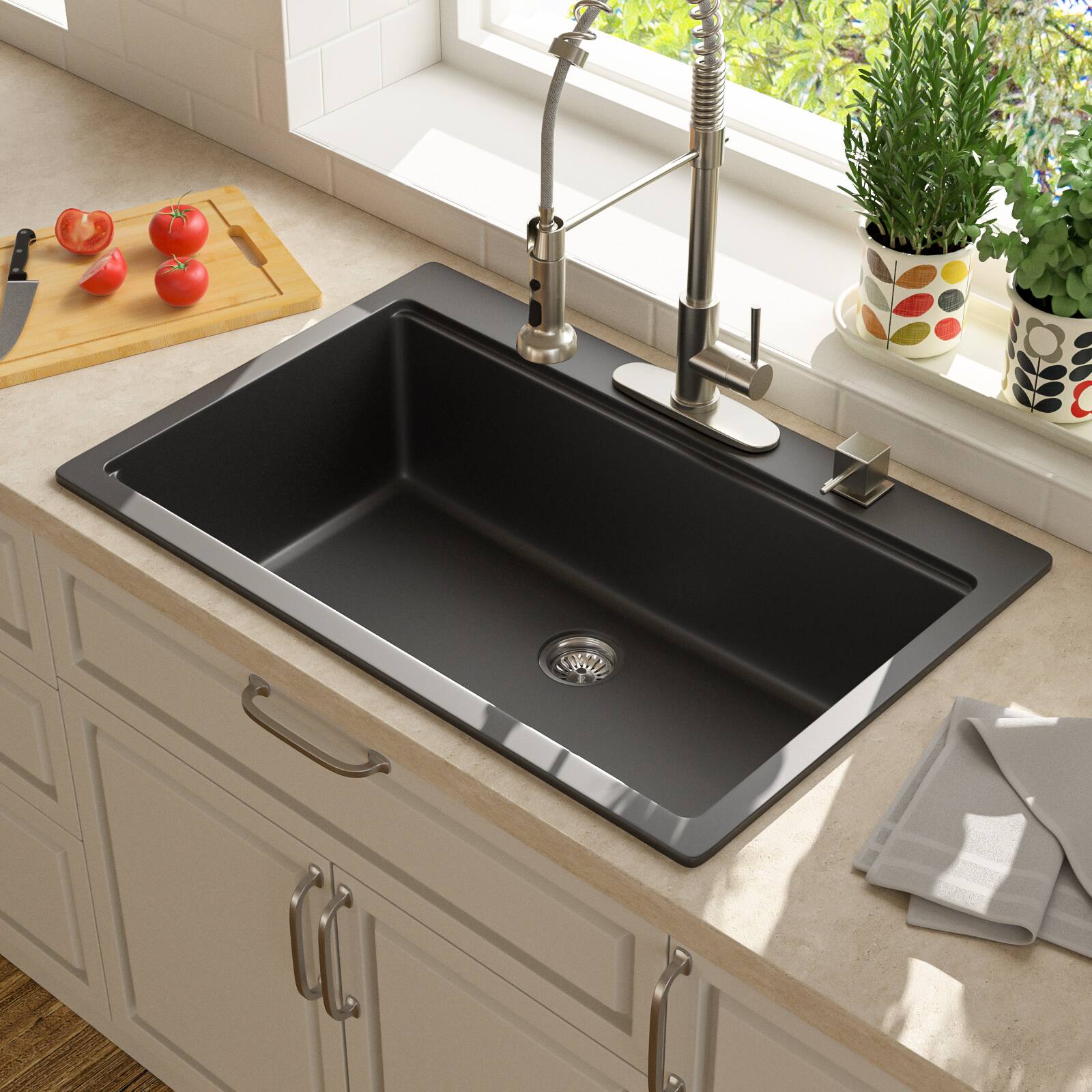 Alt View 6. Lordear - 33x22x10 Inch Black Granite Composite Drop In Workstation kitchen Sink Single Bowl Quartz Kitchen Sink - Black.