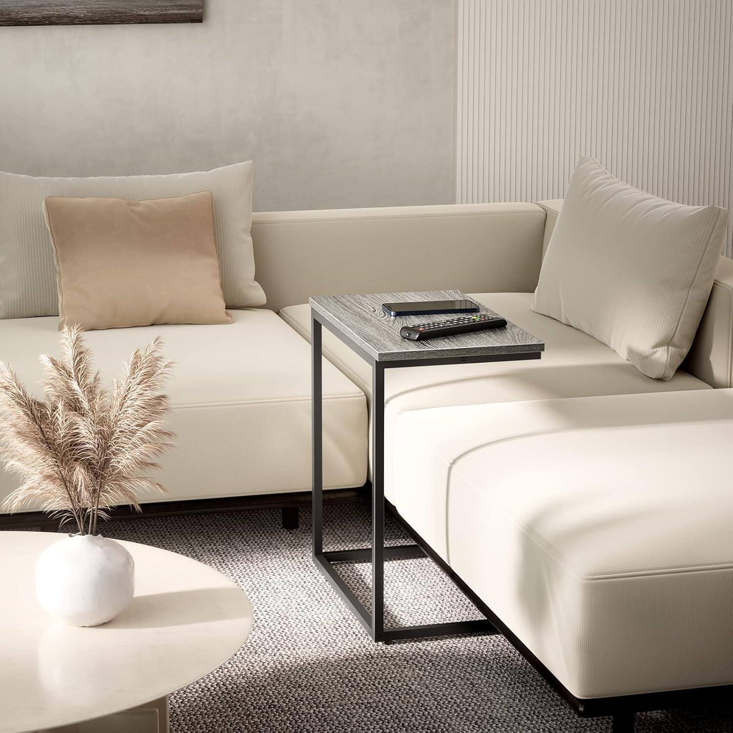 Alt View 2. Pipishell - 27 Inch C-Shaped Side Table, Grey Slide Under Couch End Table for Living Room - Gray.