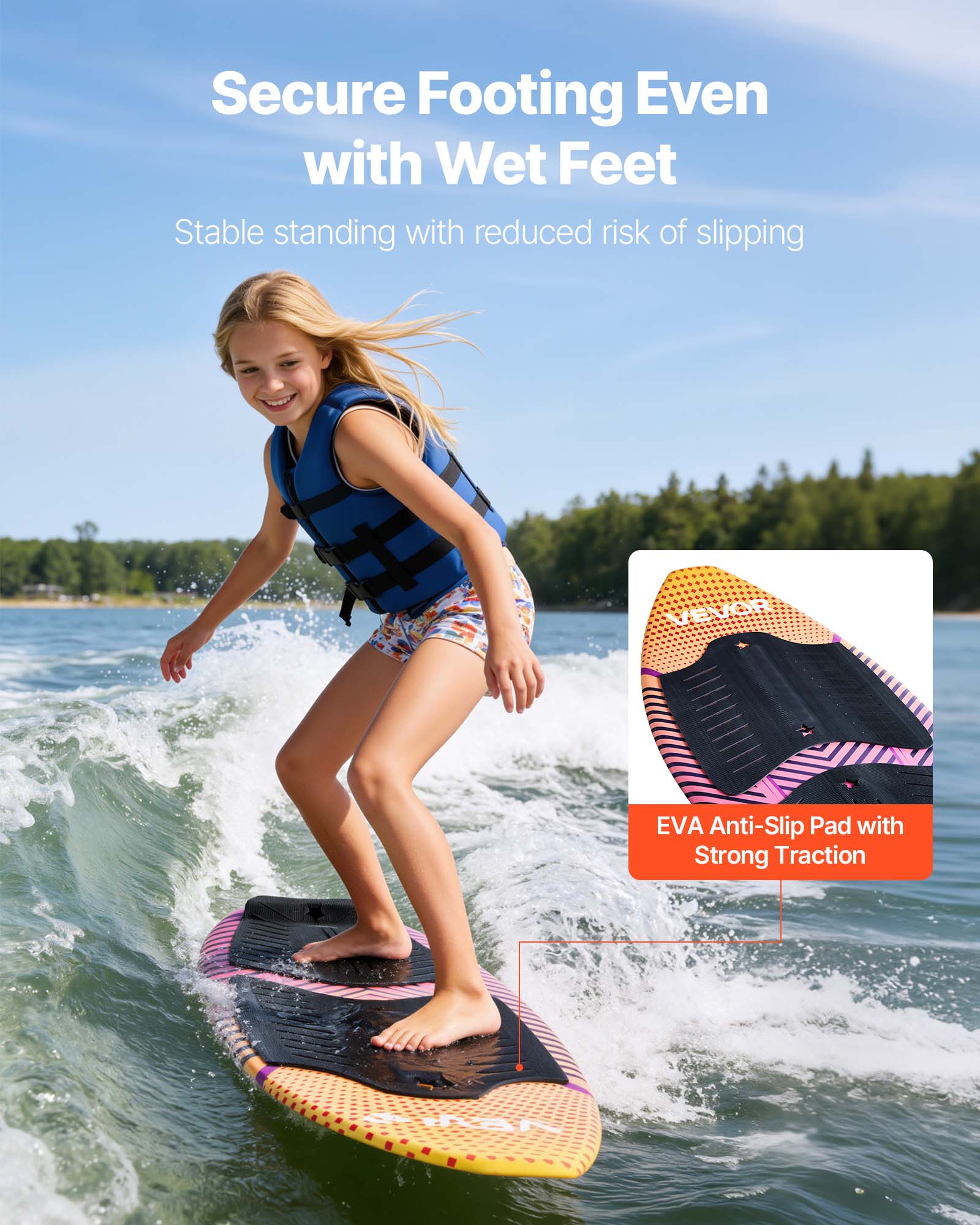 Secure Footing Even with Wet Feet  
Stable standing with reduced risk of slipping  
VEVOR EVA Anti-Slip Pad with Strong Traction