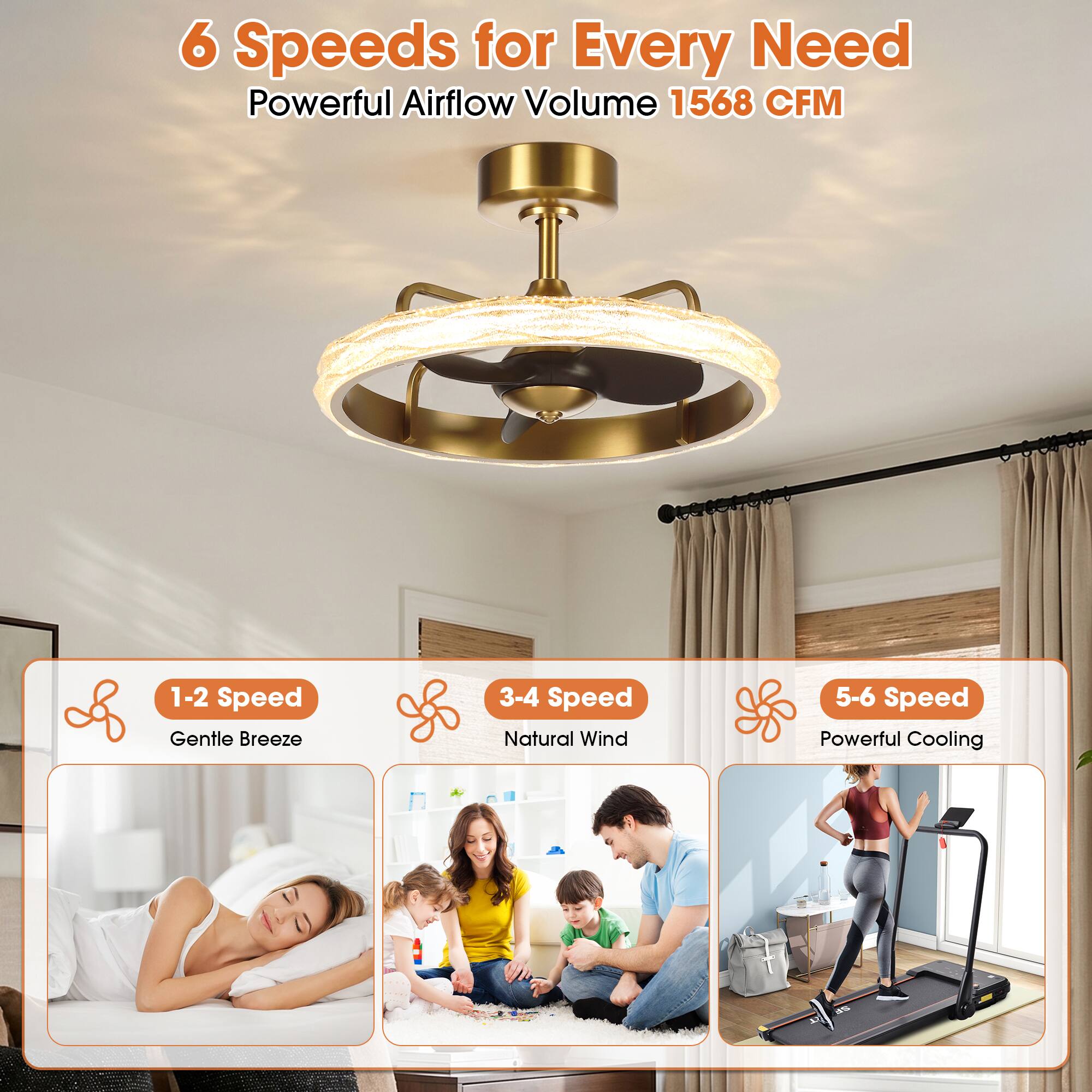 6 Speeds for Every Need  
Powerful Airflow Volume 1568 CFM

1-2 Speed  
Gentle Breeze

3-4 Speed  
Natural Wind

5-6 Speed  
Powerful Cooling