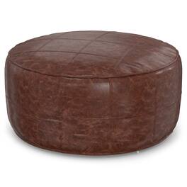 Simpli Home - Connor 34 inch Wide Round Coffee Table Pouf Genuine Leather - Distressed Brown