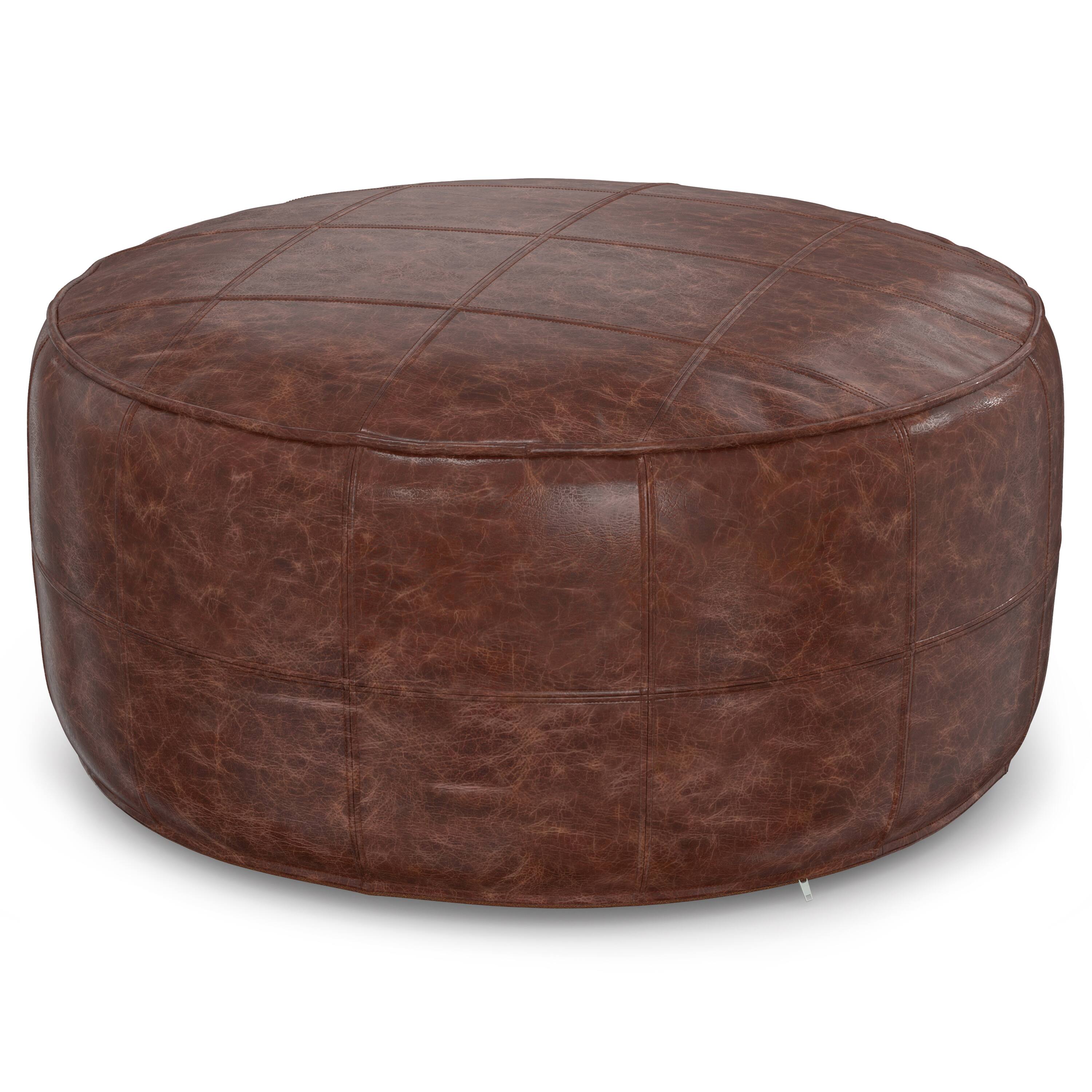 Front. Simpli Home - Simpli Home Connor 34 inch Wide Round Coffee Table Pouf in Distressed Brown Genuine Leather - Distressed Brown.
