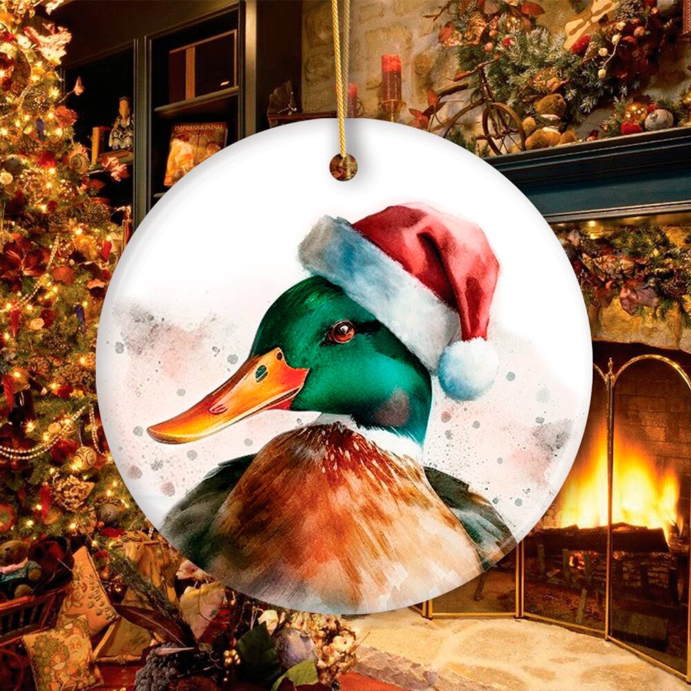 Back. OrnamentallyYou - Watercolor Mallard Duck Christmas Ornament Circle Version - Multi-colored.
