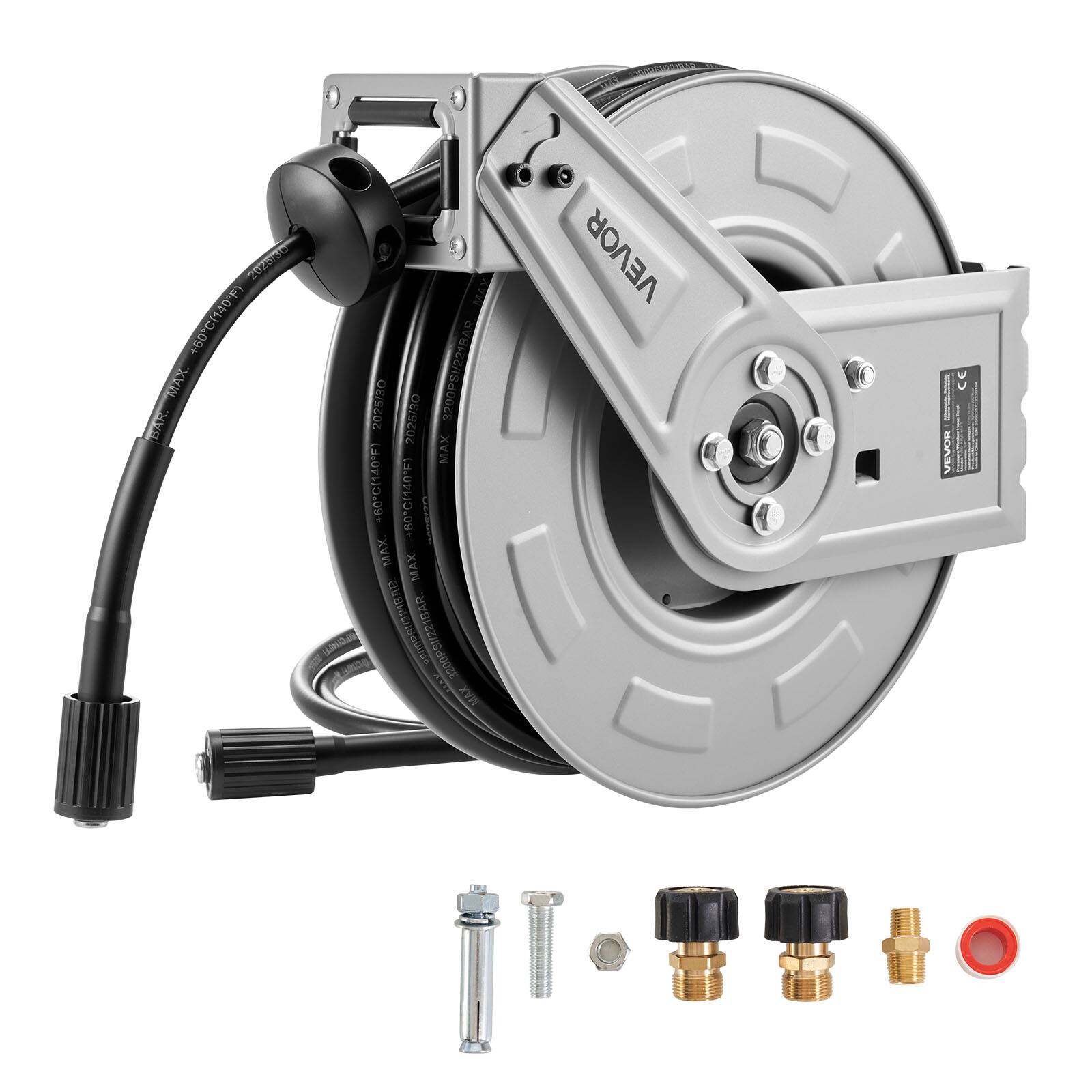 VEVOR - Pressure Washer Hose Reel, 65 ft x 1/4 inch Retractable Power Heavy-Duty Steel Washer Hose Reel, 3200PSI Max - Black