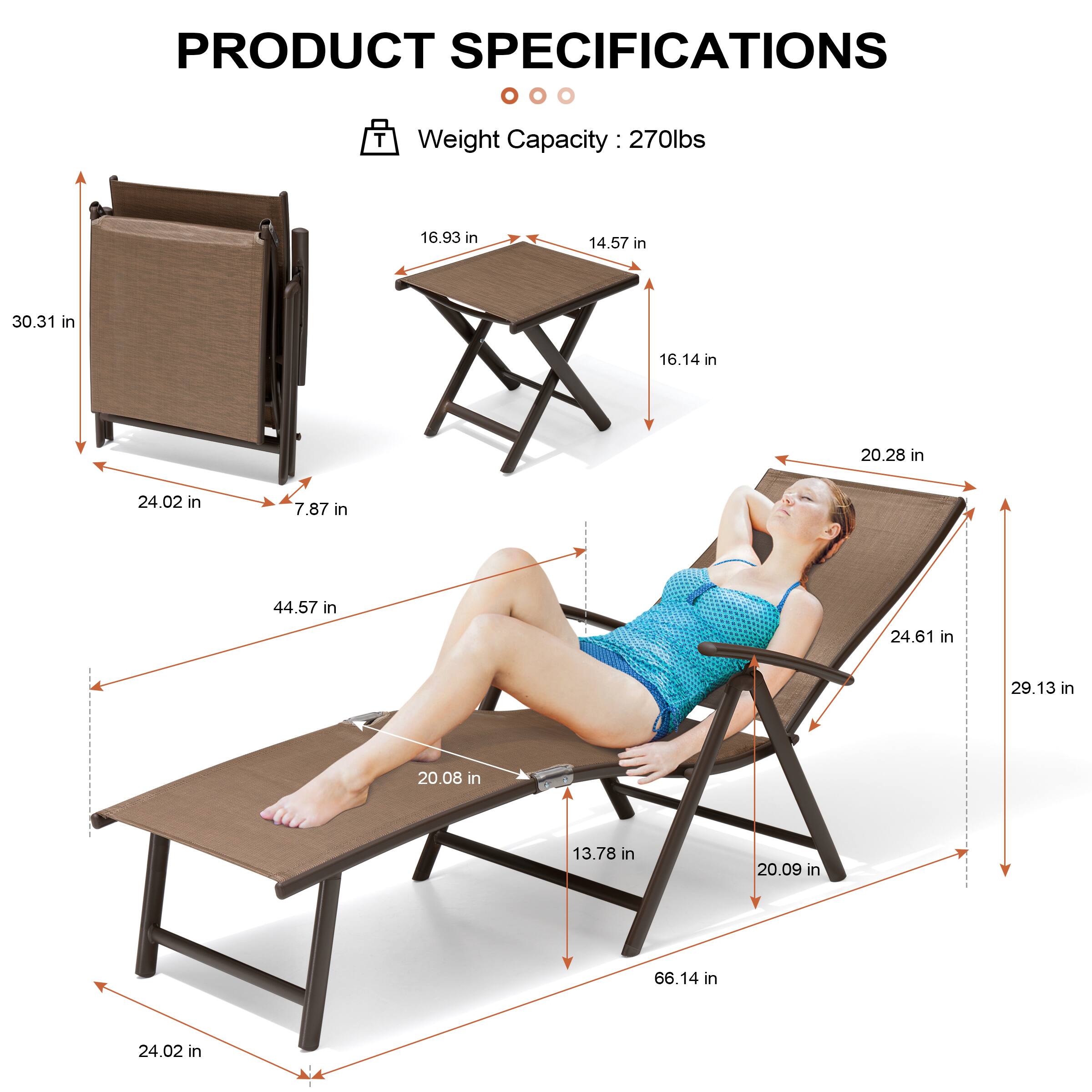 PRODUCT SPECIFICATIONS

Weight Capacity: 270lbs

- 30.31 in
- 24.02 in
- 7.87 in
- 44.57 in
- 20.08 in
- 13.78 in
- 20.09 in
- 66.14 in
- 24.02 in
- 29.13 in
- 24.61 in
- 20.28 in
- 20.28 in
- 16.14 in
- 14.57 in
- 16.93 in