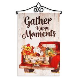 G128 - Combo Pack Garden Flag Hanger 14.2 inch and 12x18 inch Double-Sided Blockout Flag Gather Happy Moments Flower Truck - Multicolor