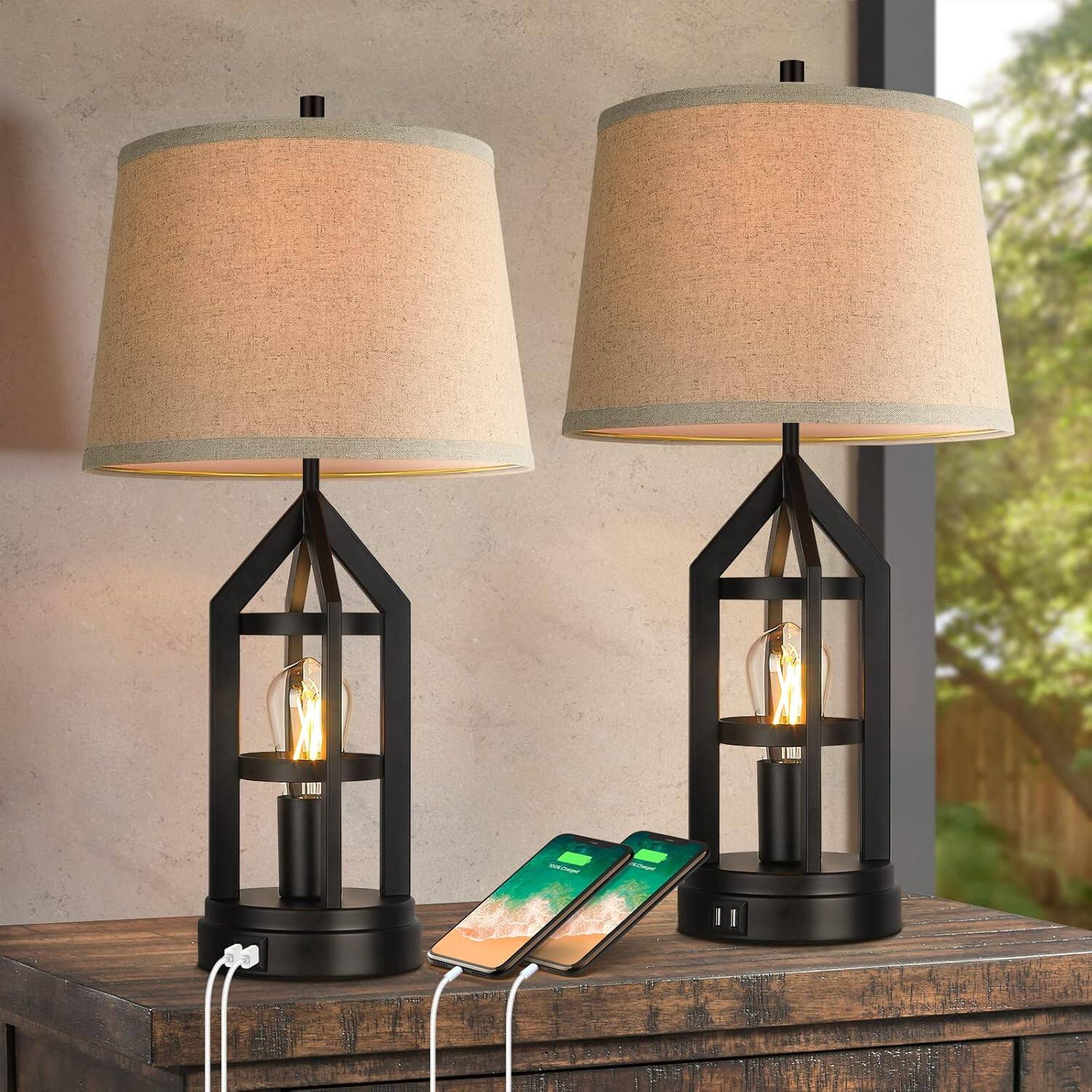 Front. Nordic Hygge - Farmhouse Table Lamps for Living Room Set of 2, 3-Way Dimmable Touch Control Bedside Lamps with 2 USB Charging Ports - Rustic Farmhouse.