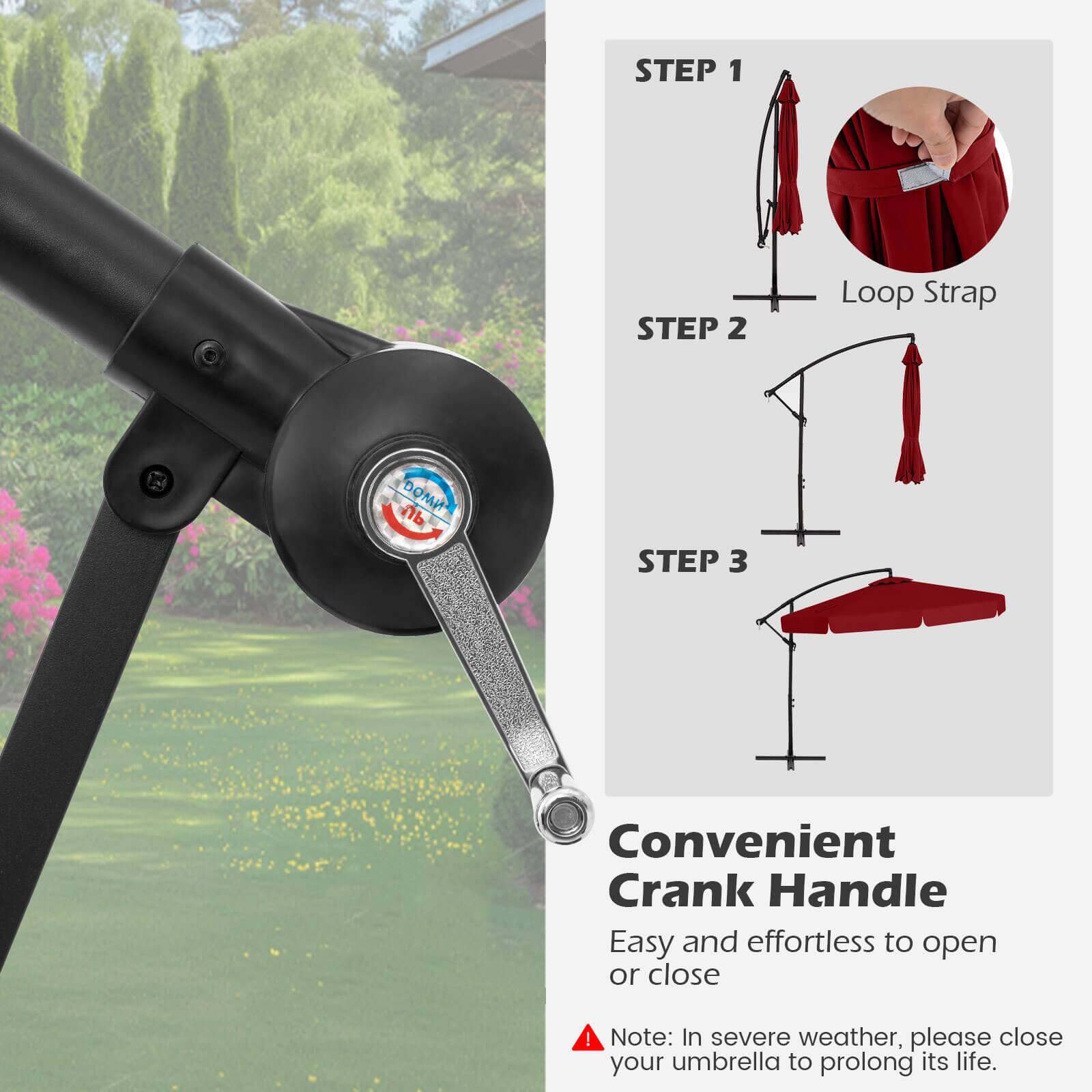 STEP 1: Convenient Crank Handle
Easy and effortless to open or close!
Note: In severe weather, please close your umbrella to prolong its life.