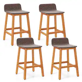 Gymax - Solid Acacia Wood Bar Stools Set of 4 Rattan Bar Height Patio Chairs for Porch - Natural