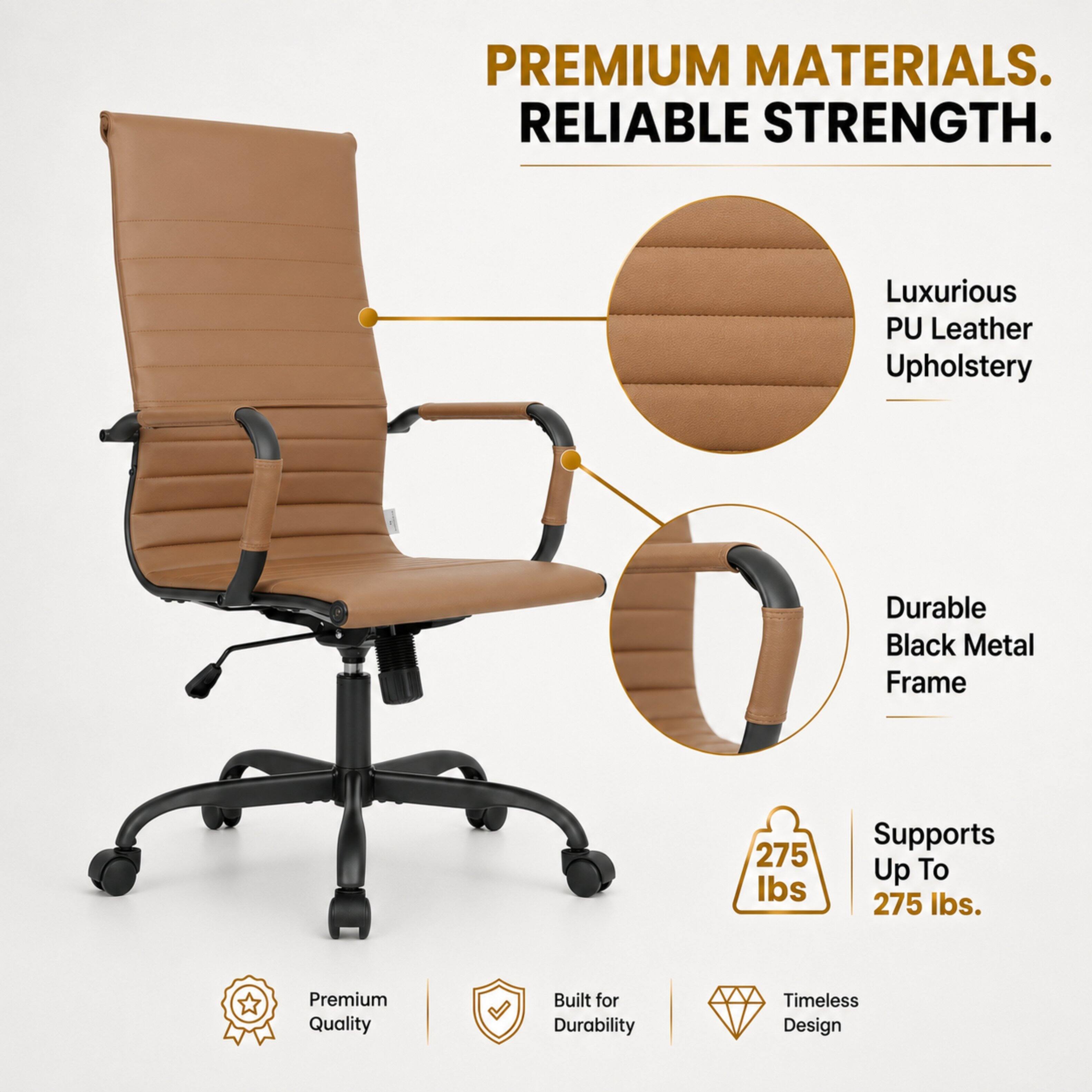 PREMIUM MATERIALS. RELIABLE STRENGTH.

Luxurious PU Leather Upholstery

Durable Black Metal Frame

Supports Up To 275 lbs.

Premium Quality

Built for Durability

Timeless Design