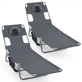 Gymax - 2PCS Tanning ChairFolding Beach Lounge Chair w/5-Position Adjustable Backrest - Gray