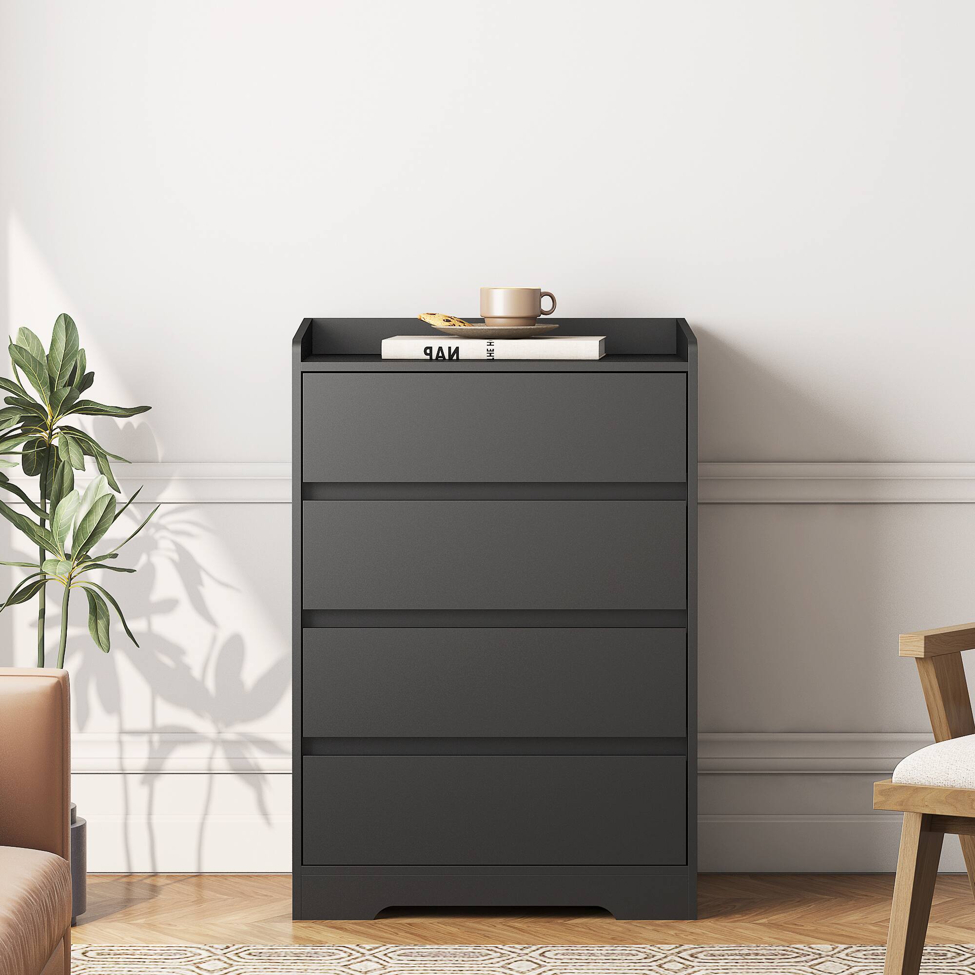 Back. Forest'nSky - Black Wood 4 drawer 25.59 in. Wide Chest of Drawers with Sturdy Frame for Living Room - Black.