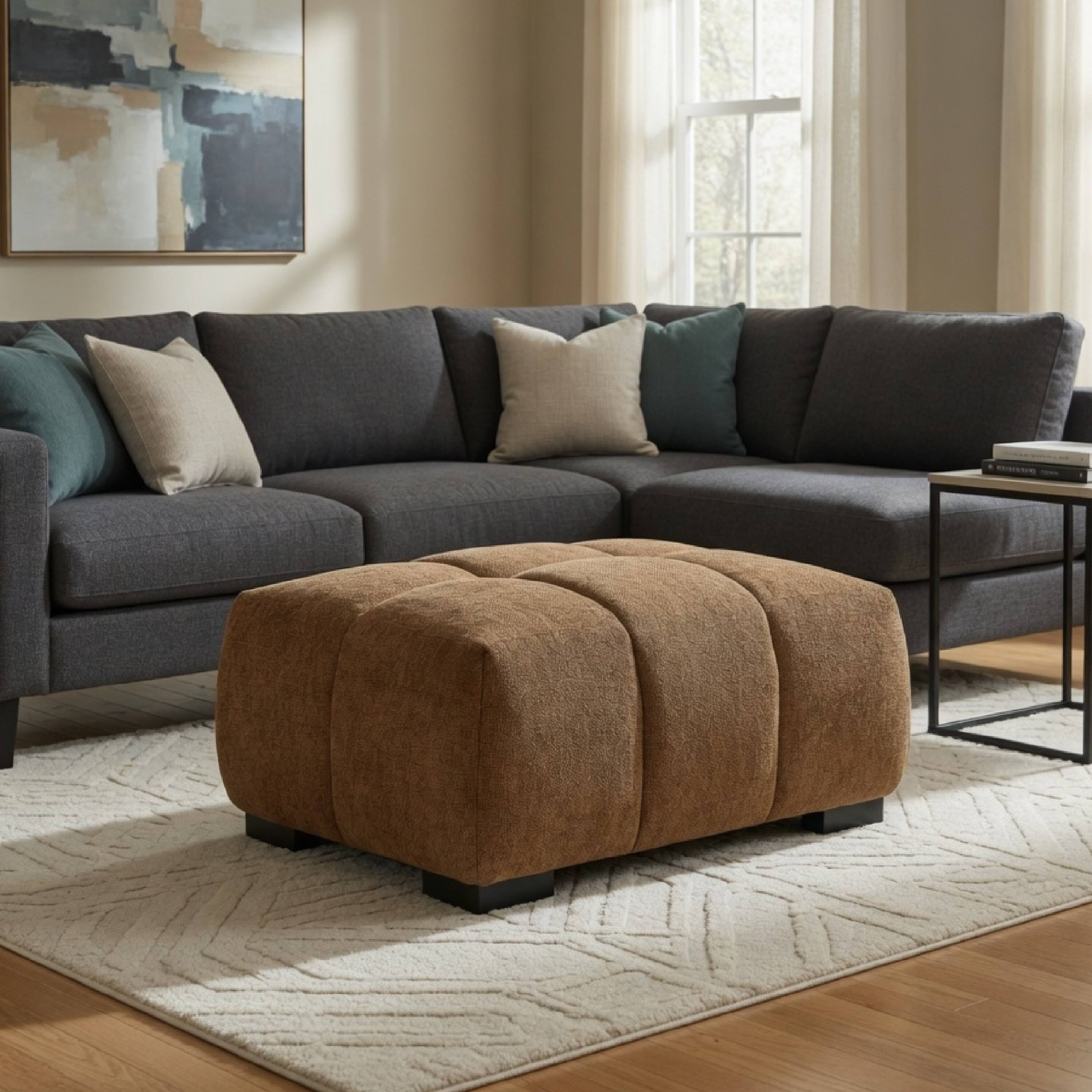 Alt View 7. Manhattan Lane - Hecy Ottoman, Grid Tufted, Plush Amber Brown Upholstery, 39 Inch - Amber Brown, Black.