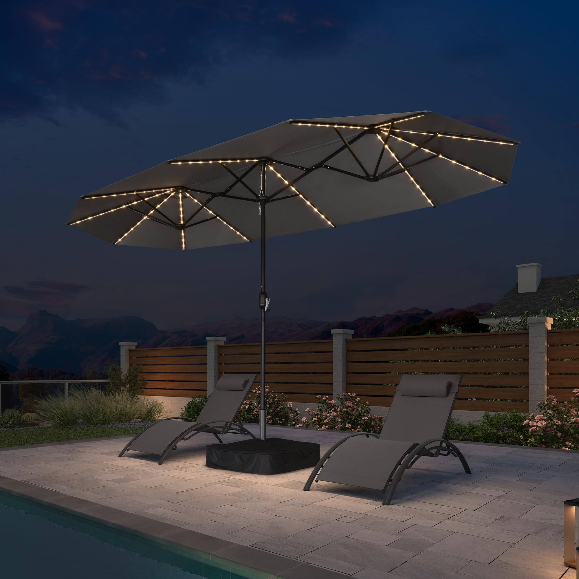 PURPLE LEAF - 13 ft. Patio Market Umbrella with Solar LED and Base Double-Sided Outdoor Table Sun Umbrellas for Pool Deck Backyard - Light Gray