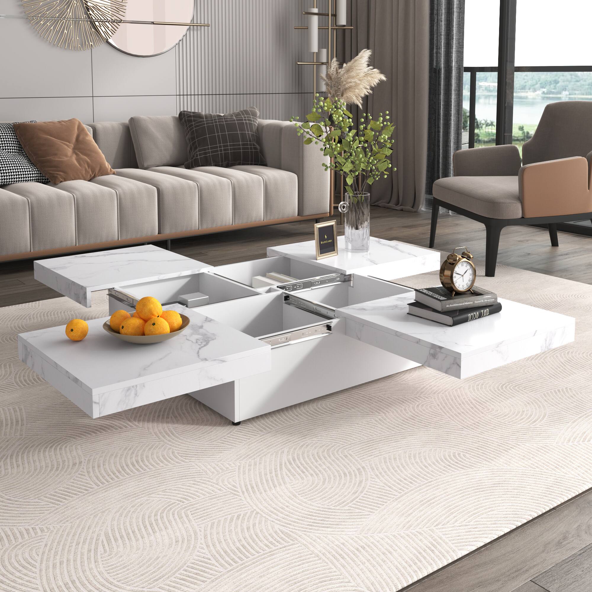 Alt View 2. Lirago - 39" Square Veneer Coffee Table Marble veneer with Sliding Top Design Sliding Top with Storage Hidden Storage Drawer - White.
