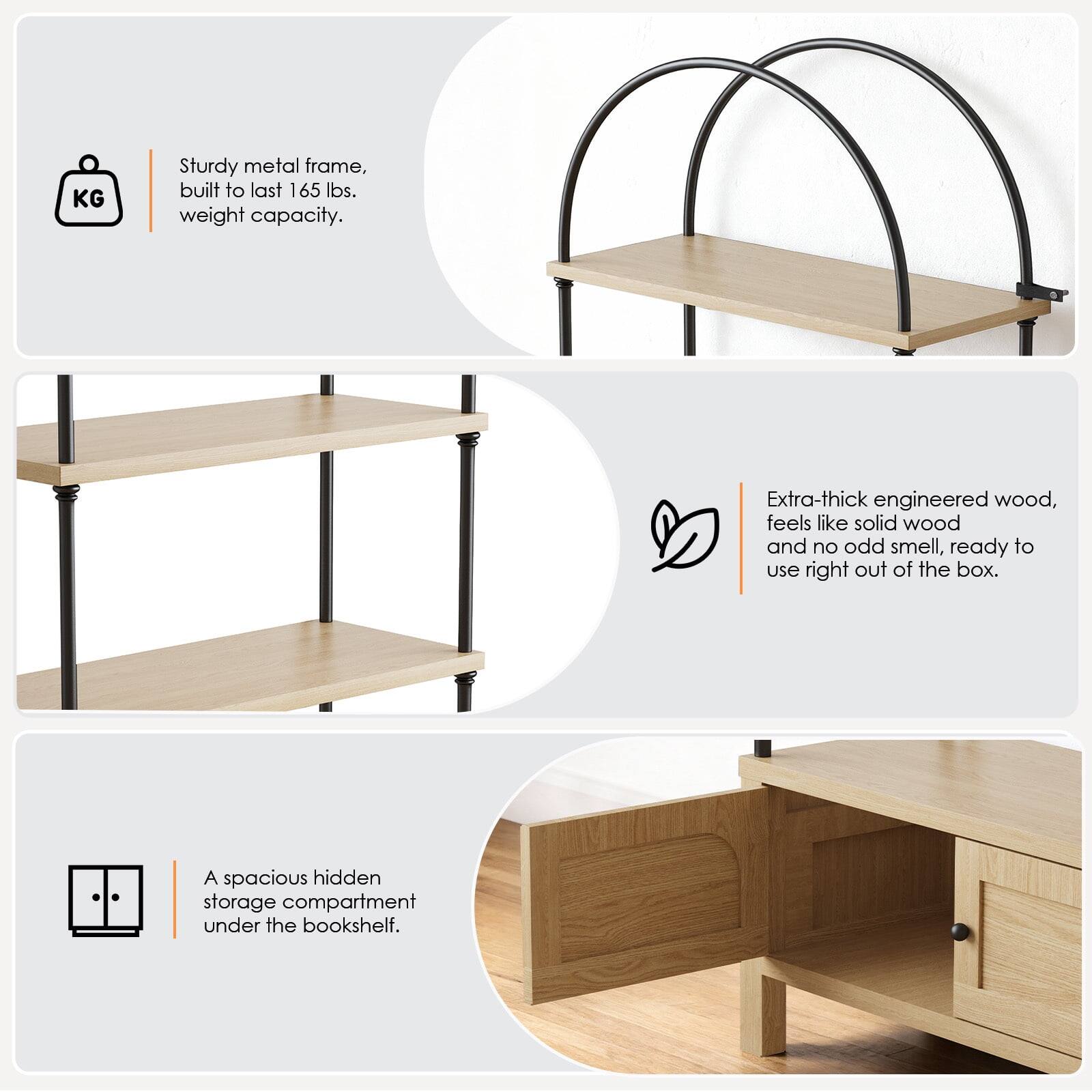 Sturdy metal frame, built to last 165 lbs. weight capacity. Extra-thick engineered wood, feels like solid wood and no odd smell, ready to use right out of the box. A spacious hidden storage compartment under the bookshelf.