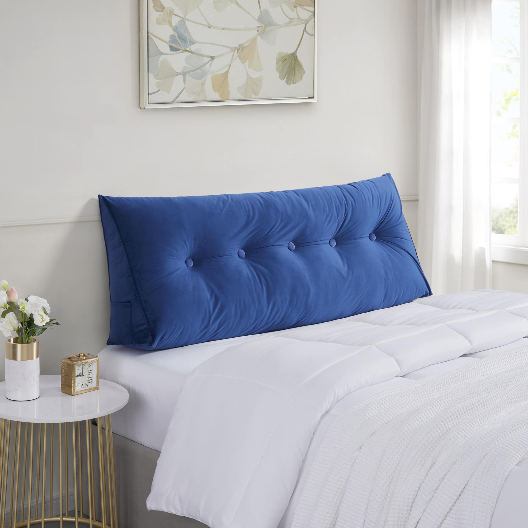 Sweet Home Collection - Bed Wedge and Gap Filler Pillow for Headboard with Side Pockets - Full - Blue