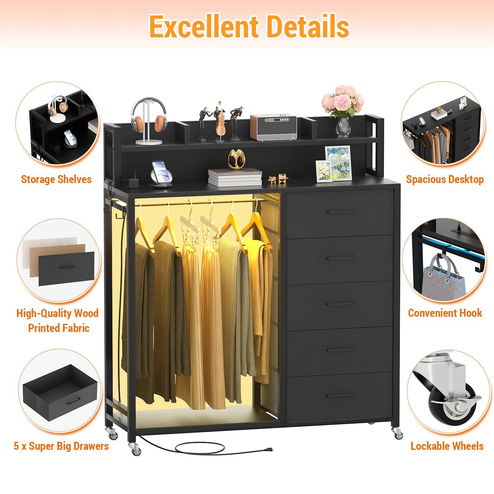 Excellent Details

- Storage Shelves
- High-Quality Wood Printed Fabric
- 5 x Super Big Drawers
- Spacious Desktop
- Convenient Hook
- Lockable Wheels