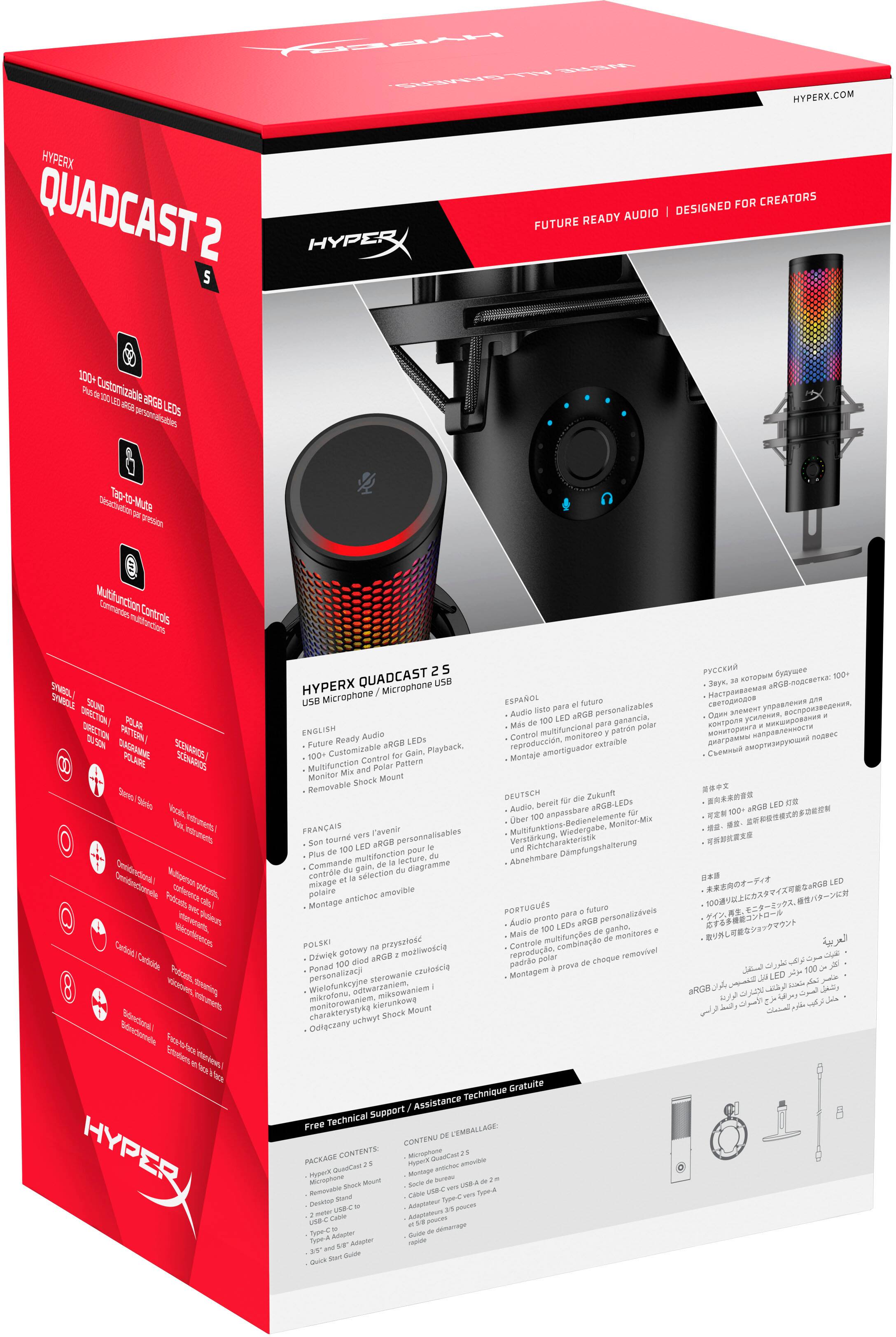 The text on the image reads: "HyperX QuadCast 2 Audio Designed for Creators Future Ready 1000 Customizable aRGB LEDs Direct Connection Tap-to-Mute personalizable panance, English Audio Control multifunctional monitor, anpassbare Richtcharakteristik multifonction Abnehmbare Dämpfung."