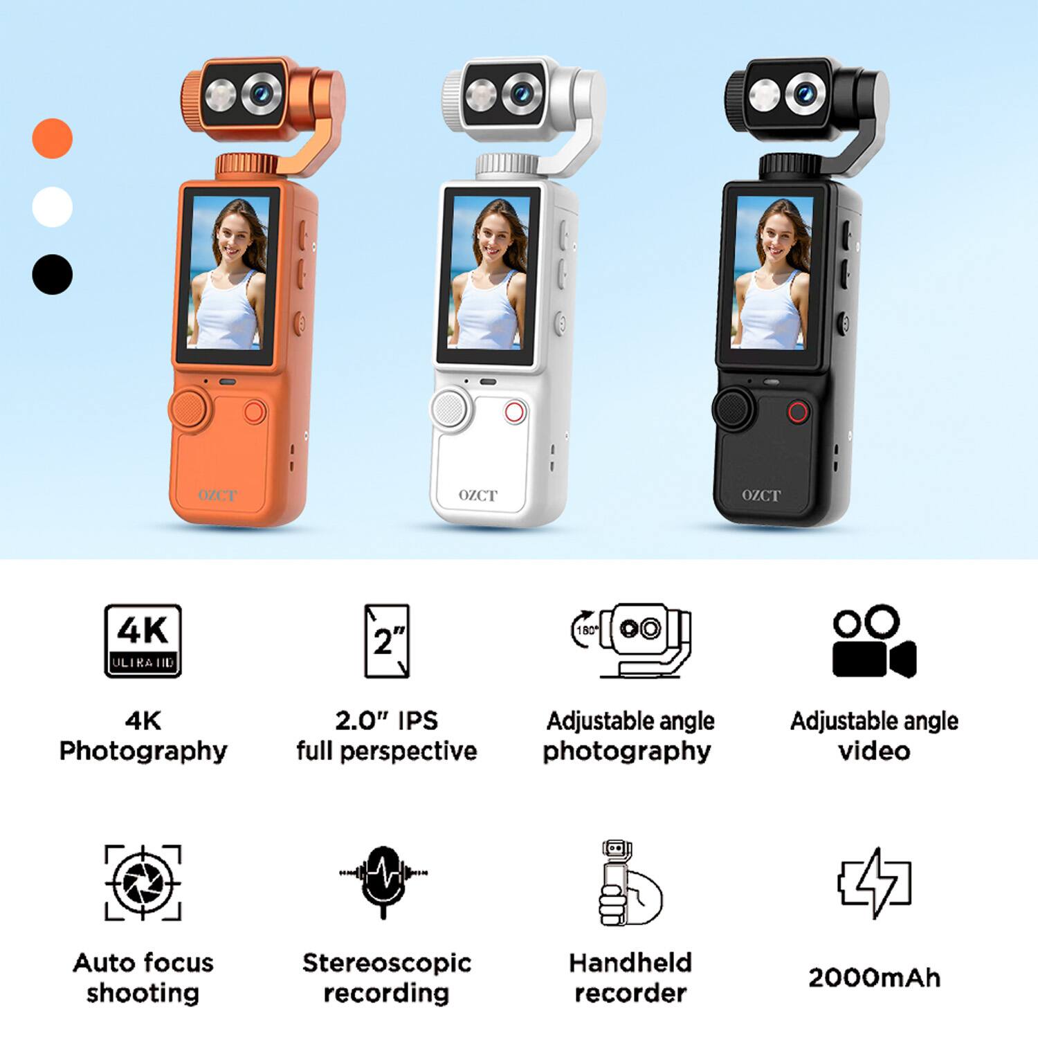 OZCT OZCT OZCT 4K ULTRA A HIL 2" 180 4K Photography 2.0" IPS Adjustable angle full perspective photography video Auto focus shooting Stereoscopic recording Handheld recorder 2000mAh