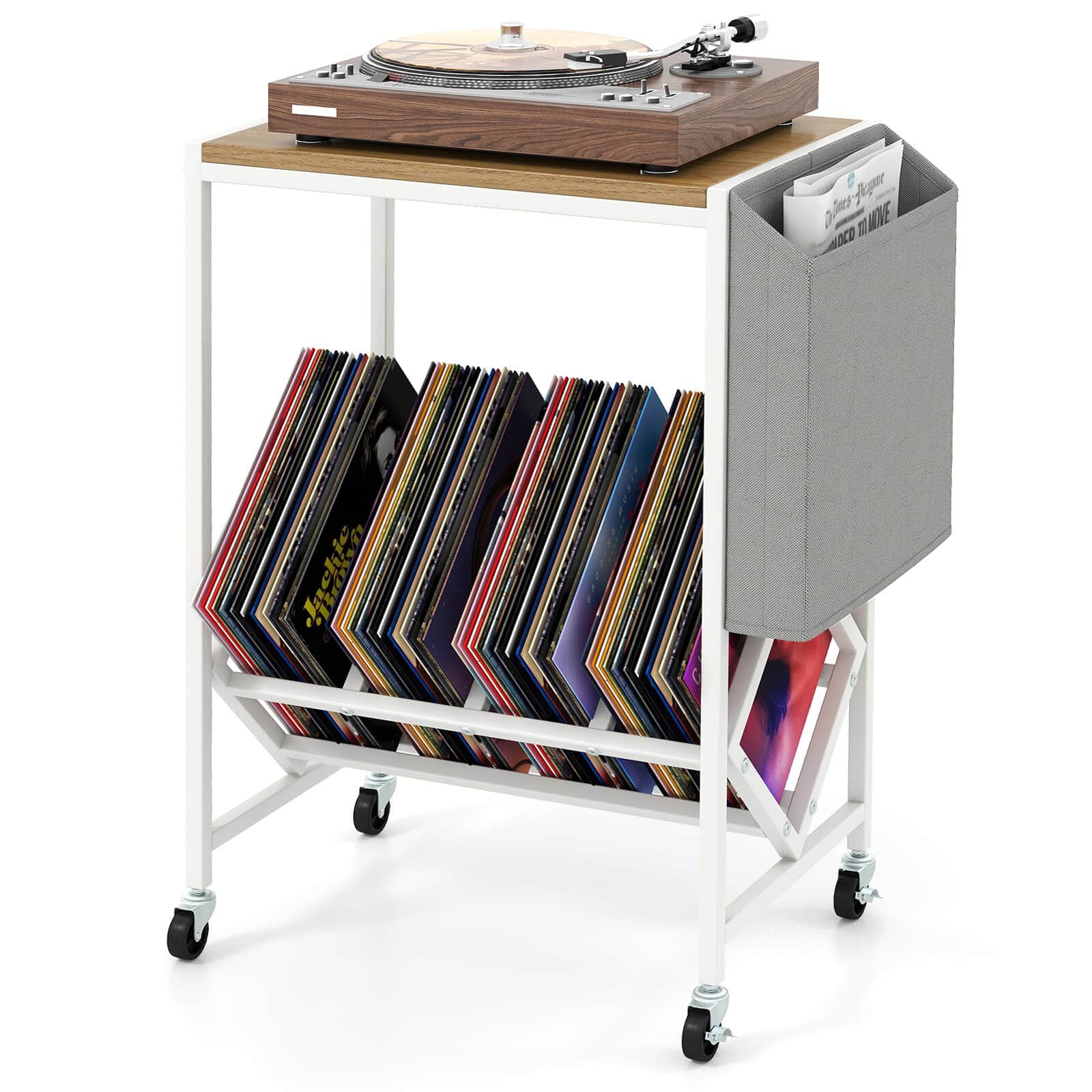 Costway - Record Player Stand with Vinyl Record Storage & Side Storage Pouch, Swivel Wheels - Natural