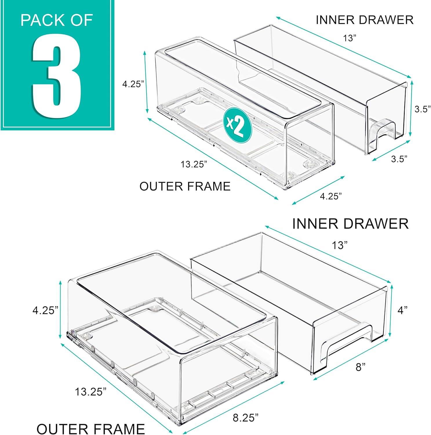 PACK OF 3

OUTER FRAME
- 4.25" x 13.25"

INNER DRAWER
- 13" x 3.5" x 3.5"

OUTER FRAME
- 4.25" x 13.25" x 4" x 8" x 13.25"

INNER DRAWER
- 13" x 4" x 8"

PACK OF 3