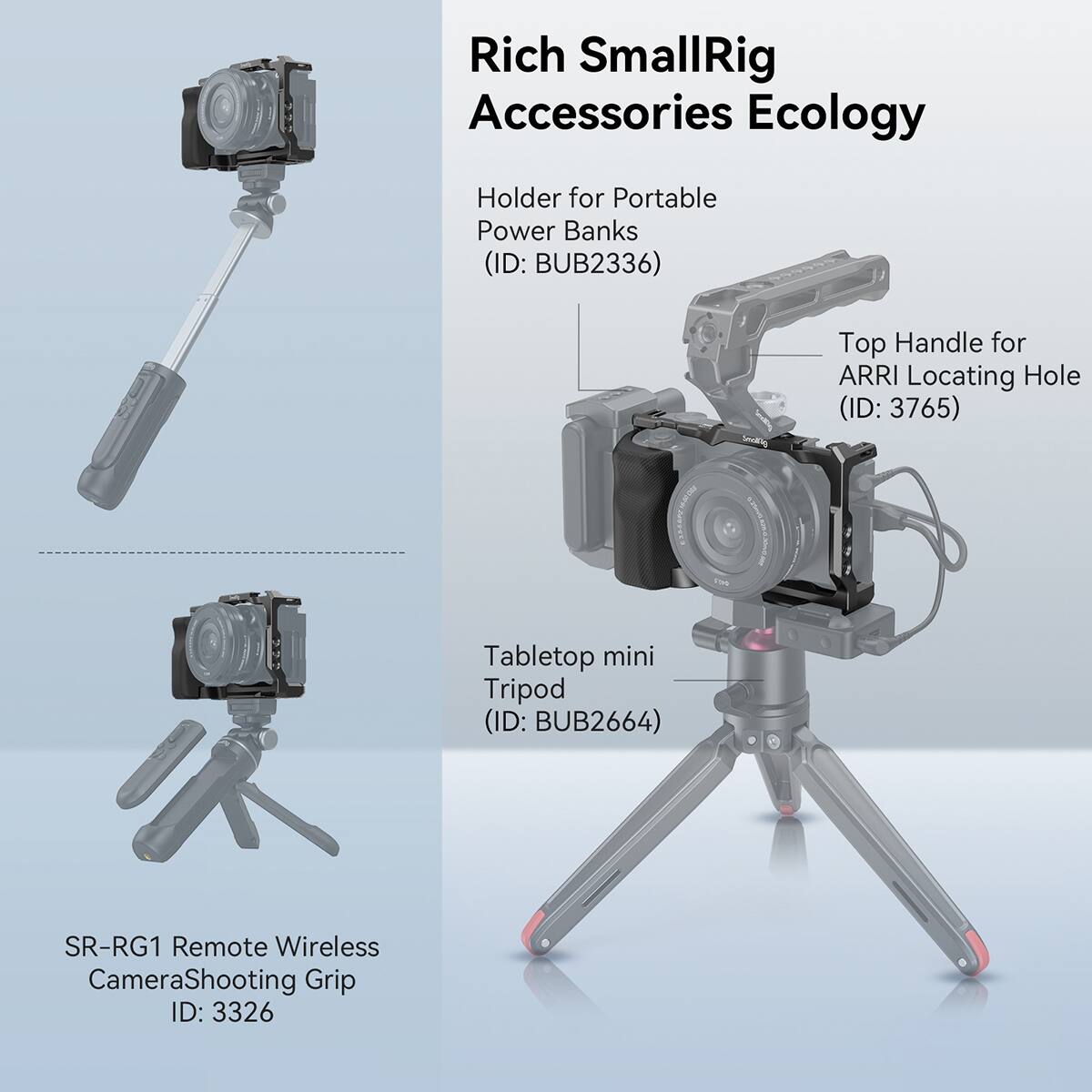 Rich SmallRig Accessories Ecology

- Holder for Portable Power Banks (ID: BUB2336)
- Top Handle for ARRI Locating Hole (ID: 3765)
- Tabletop mini Tripod (ID: BUB2664)
- SR-RG1 Remote Wireless Camera Shooting Grip (ID: 3326)