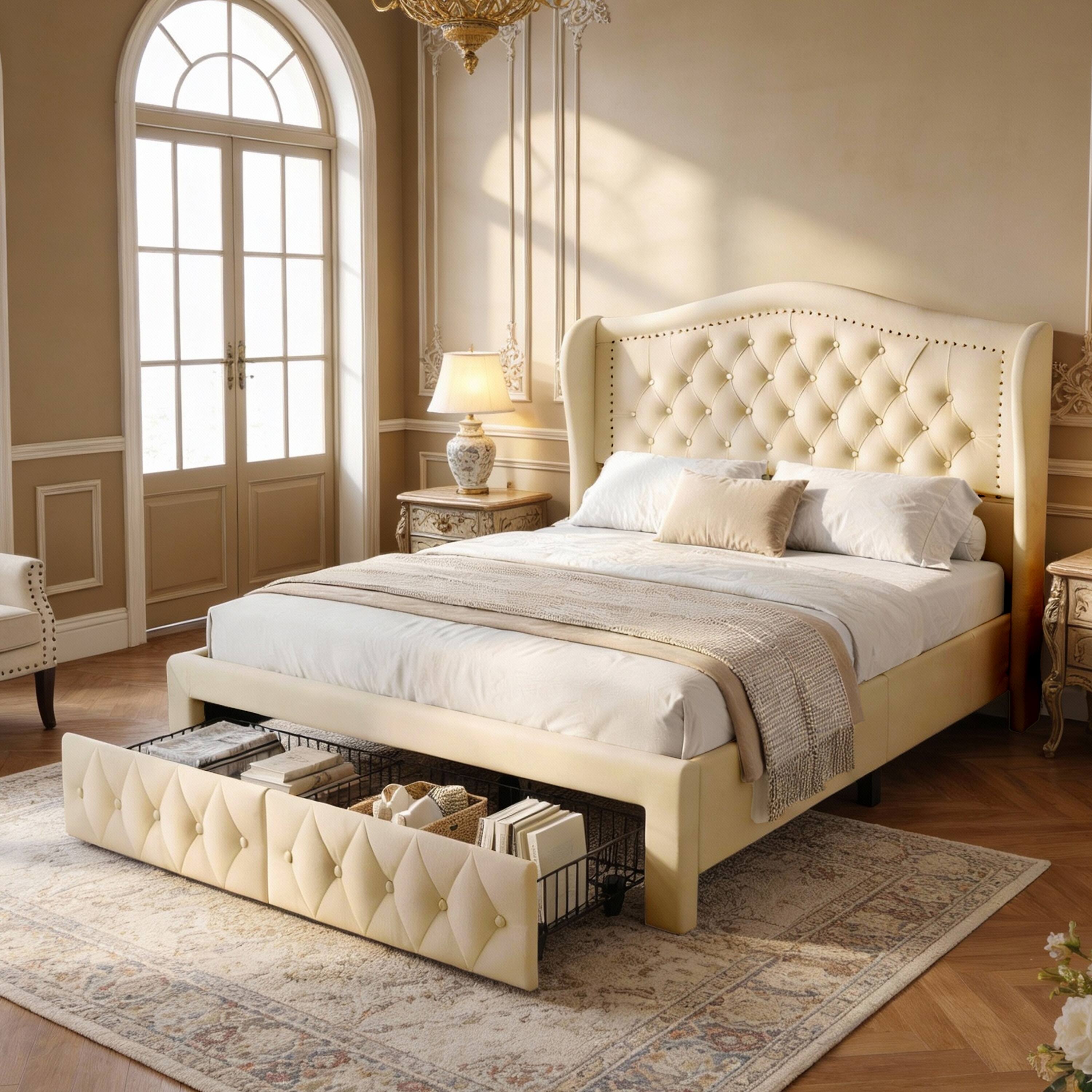 Angle. Dyonery - Queen bed frame, 52.6 inches high, with two drawers, velvet soft packaging, sewn headboard, vintage design. - Gold.