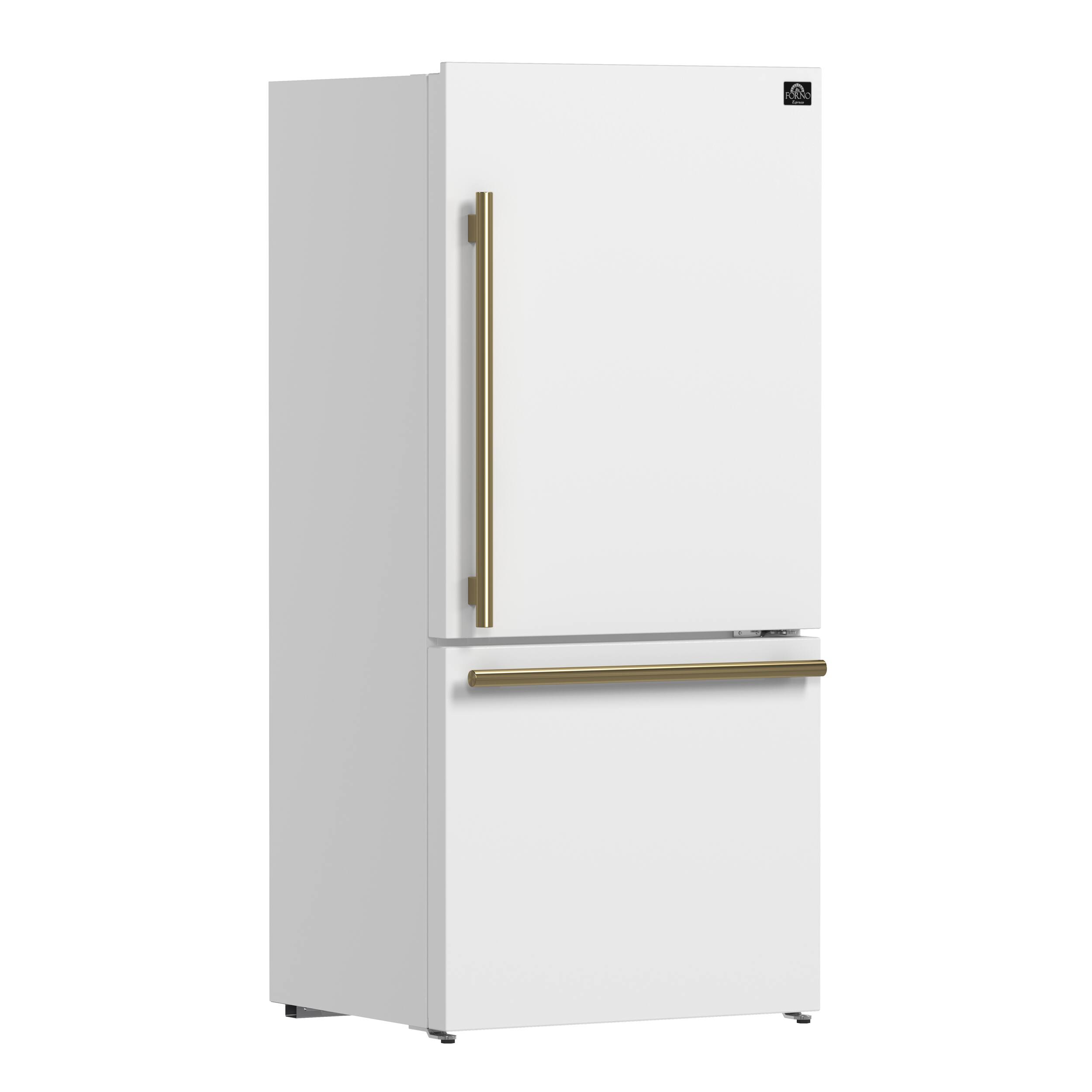 Angle. Forno Appliances - Milano Espresso 17.2 Cu. Ft. Counter-Depth Bottom Freezer Refrigerator with Right Swing Door, Antique Brass Handles - White.