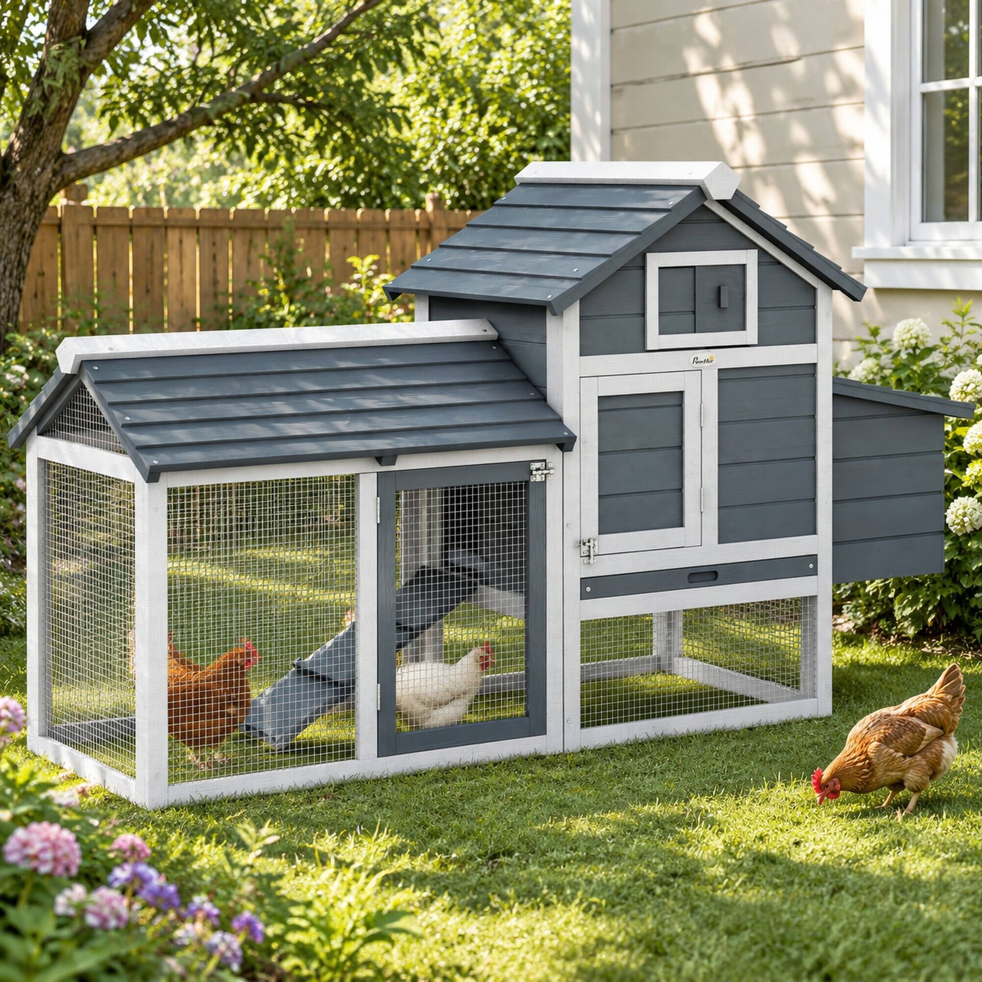 Alt View 1. RYHNUYNE - 59 in Wooden Chicken Coop, Fir Wood Hen House, Nesting Box, Removable Tray, White.