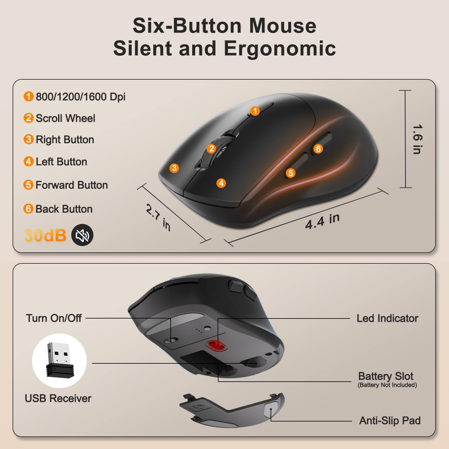 Six-Button Mouse Silent and Ergonomic  
1. 800/1200/1600 Dpi  
2. Scroll Wheel  
3. Right Button  
4. Left Button  
5. Forward Button  
6. Back Button  
1.6 in  
30dB  
2.7 in  
4.4 in  
Turn On/Off Led Indicator  
USB Receiver  
Battery Slot (Battery Not Included)  
Anti-Slip Pad