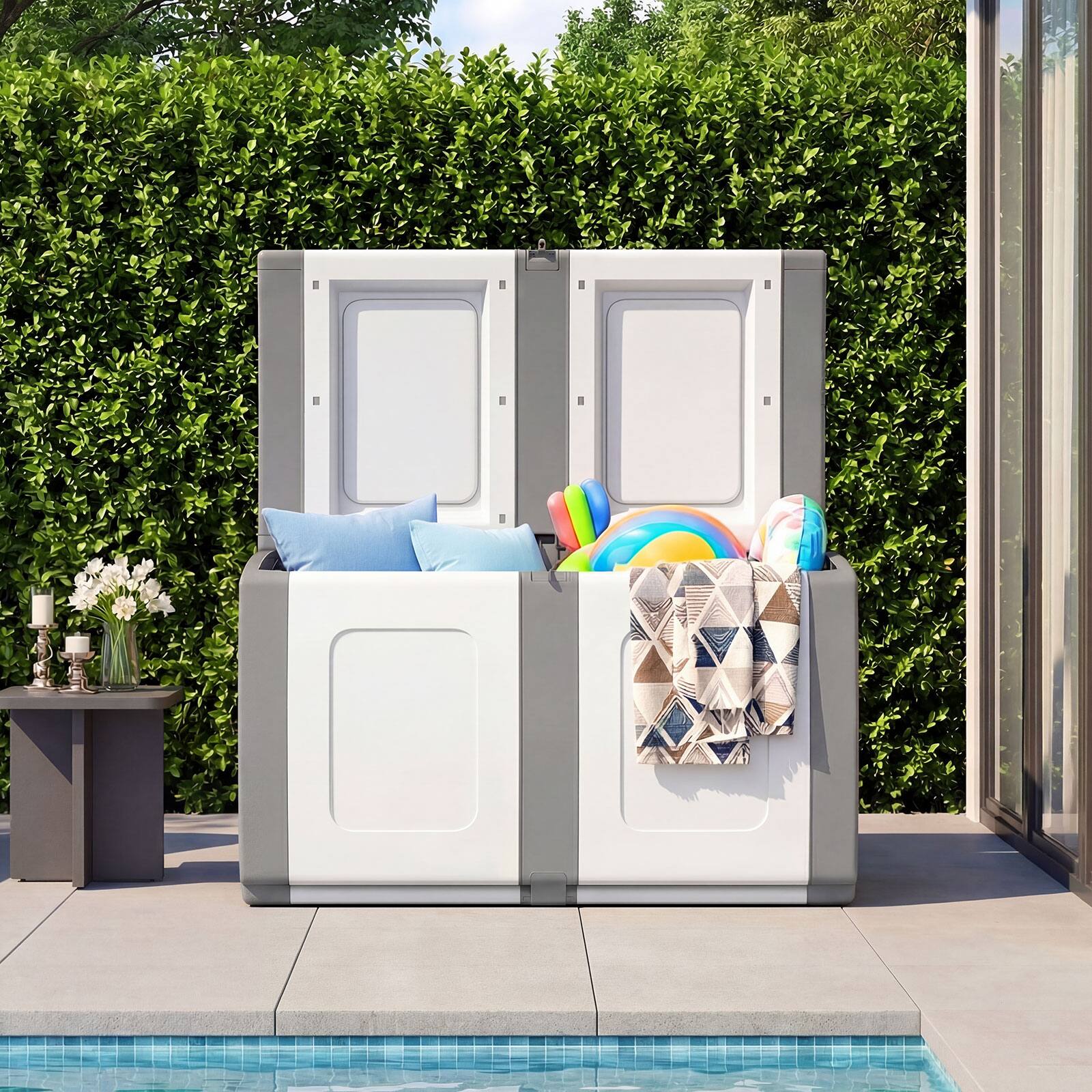 Alt View 4. Gymax - Gymax Deck Box Patio Container w/ Lockable Lid Weatherproof Plastic Storage Bin Gray & White - Gray.