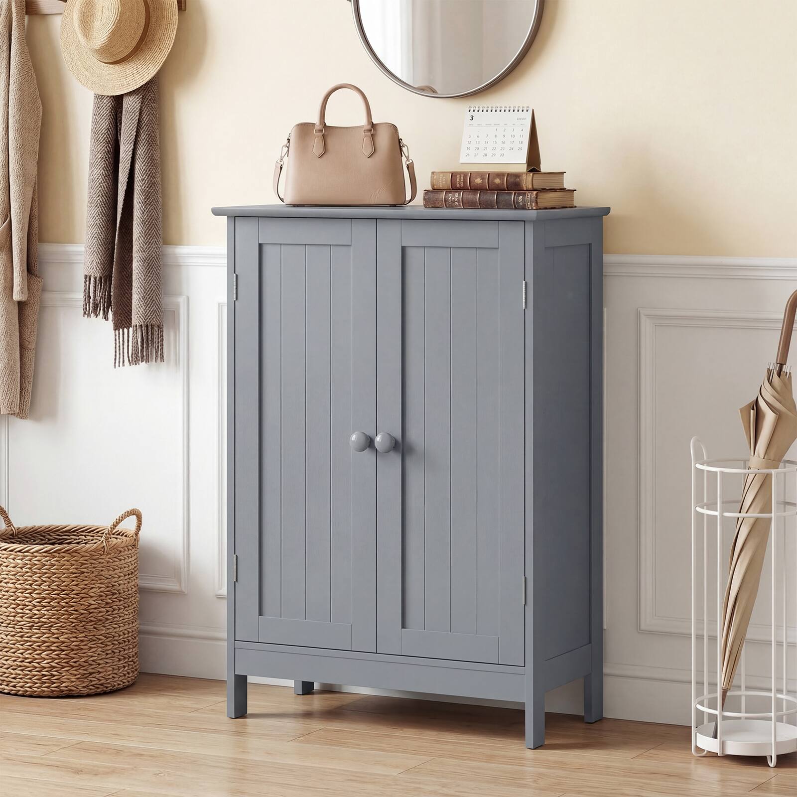 Alt View 4. Costway - Costway Bathroom Floor Cabinet Wooden Floor Storage Cabinet Living Room Modern - Gray.