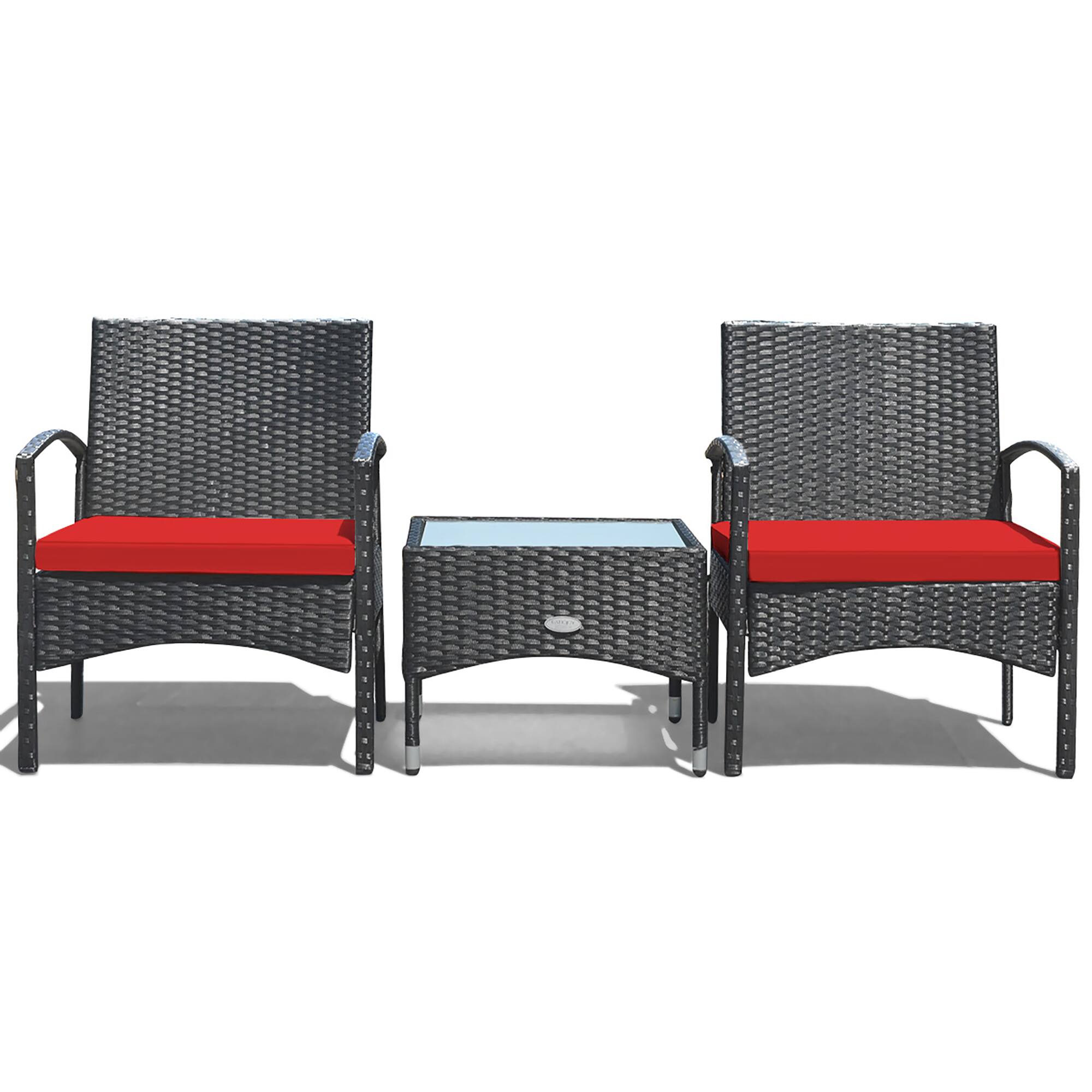 Alt View 7. Costway - Costway 3 PCS Patio Wicker Rattan Furniture Set Coffee Table & 2 Rattan Chair W/Cushion - Red.