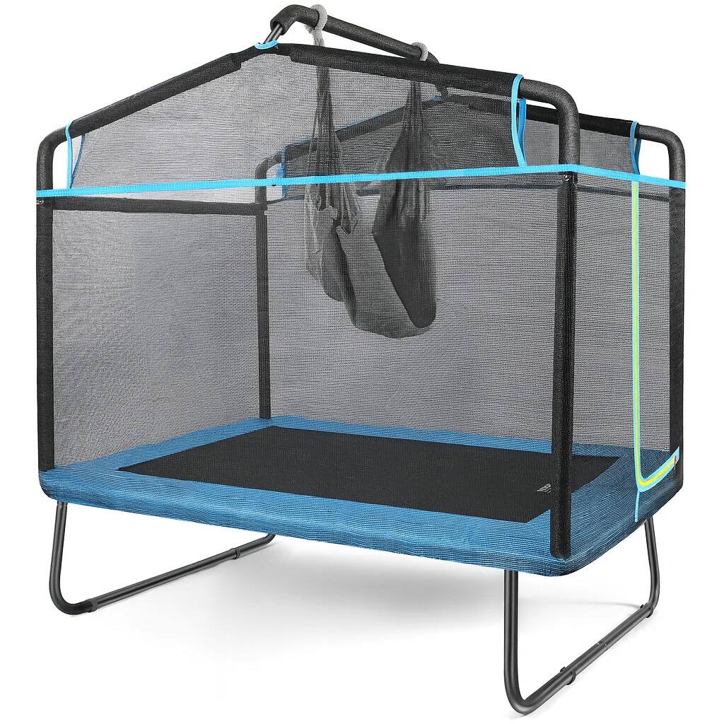 Front. SKONYON - 3-in-1 Kids Trampoline with Swing and Horizontal Bar, for Ages 3–8, Indoor or Outdoor Use - Blue.