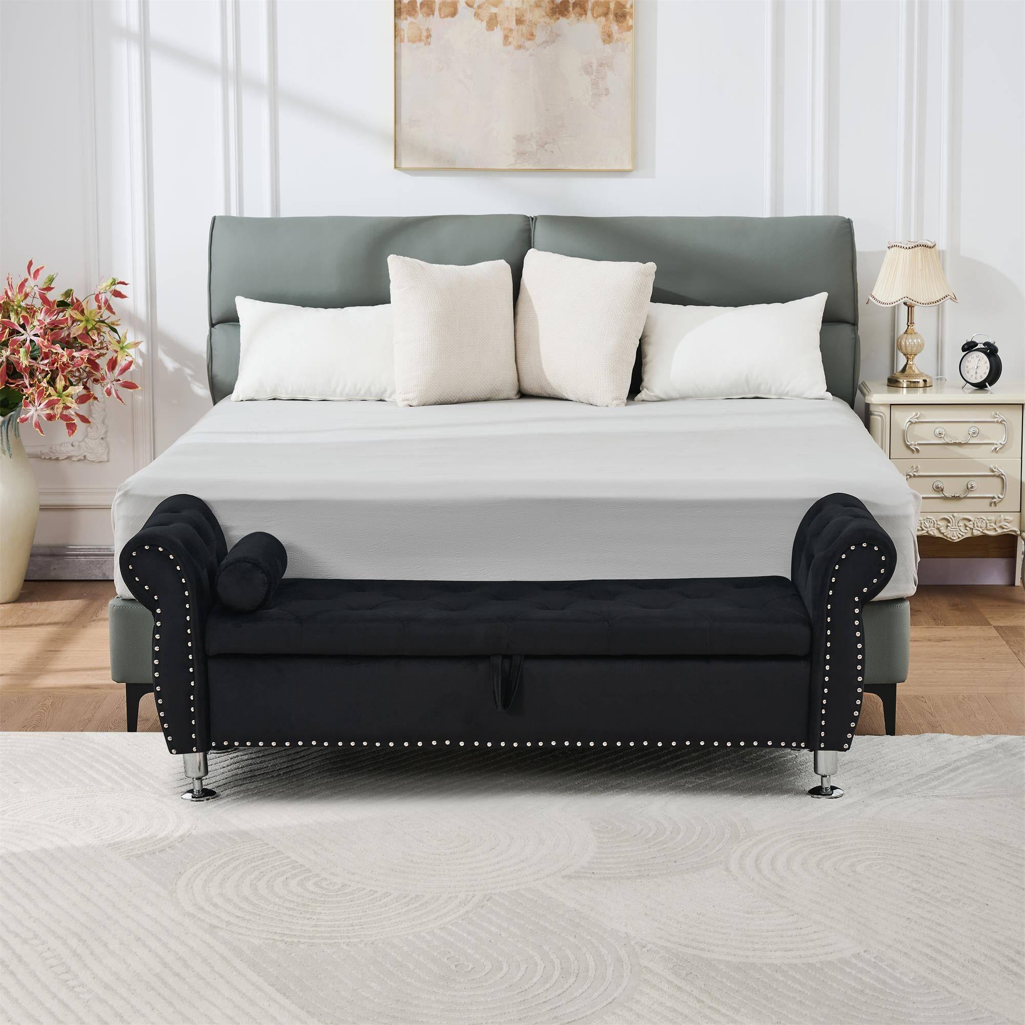 Alt View 2. Boyel Living - 62.2In Black Velvet Storage Bench w Crystal Buttons&Pillow for Bedroom Living Room - Black.