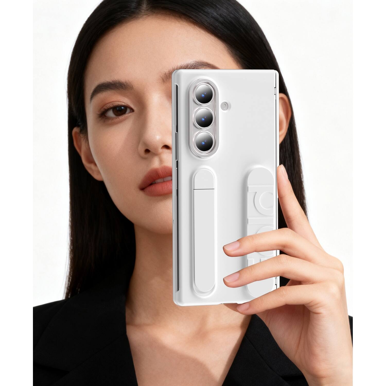 Back. Dteck - Case for Samsung Galaxy Z Fold7 Shockproof Hand Grip Card Slot Stand Hinge Protection Cover Built-in Screen Protector - White.