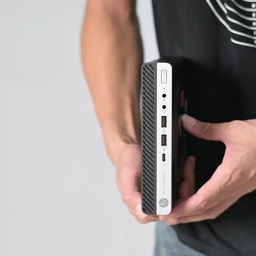 Alt View 2. HP - HP EliteDesk 800 G4 Mini Desktop PC, Intel Core i5-8500T, 16GB DDR4 RAM, 512GB NVMe SSD, USB WiFi & BT, Win11 PRO - Black.